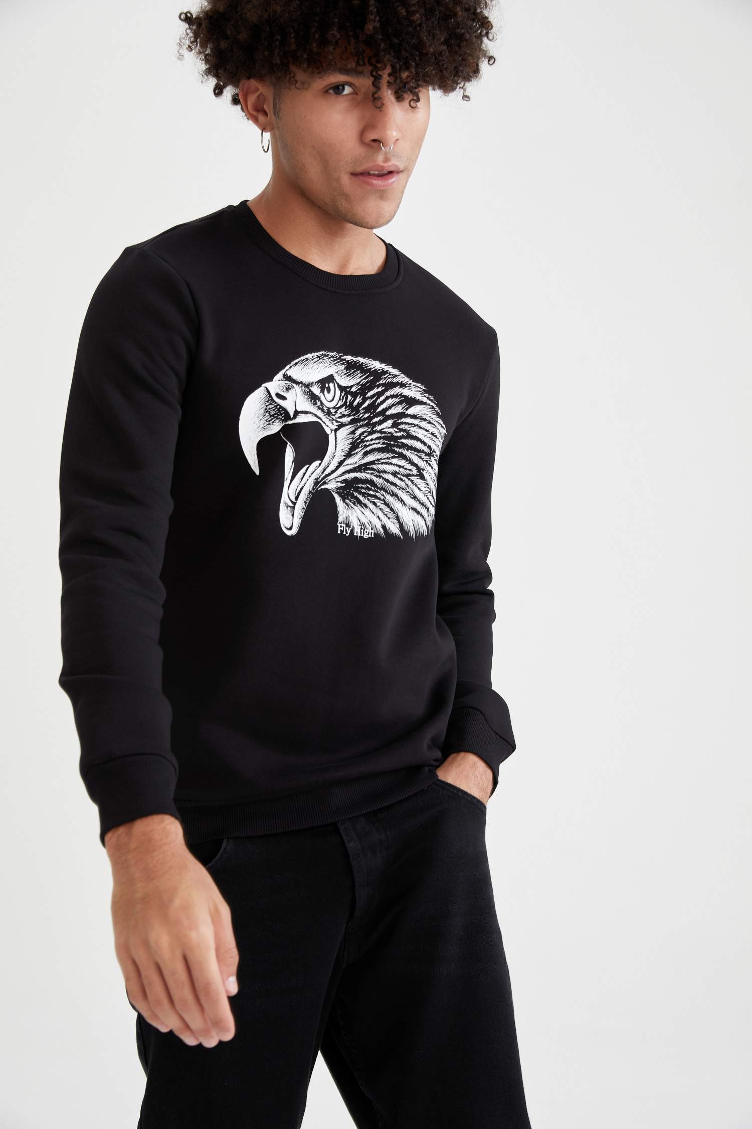 Slim Fit Bisiklet Yaka Baskılı Pamuklu Sweatshirt