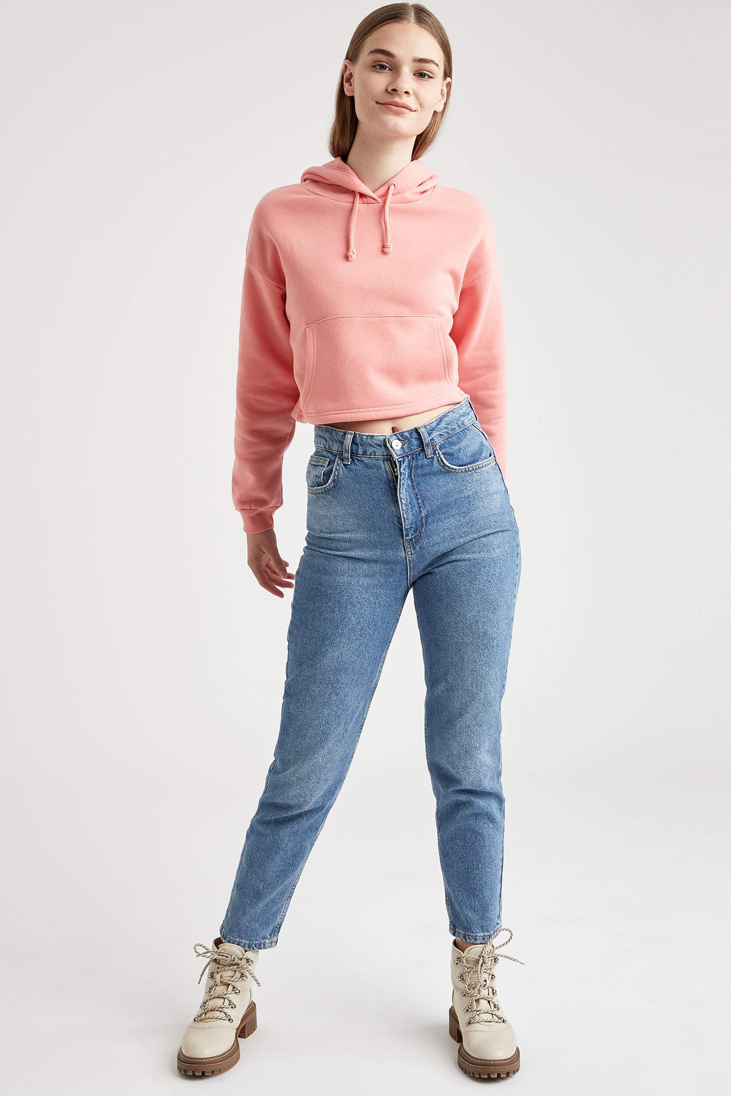 Basic Kapüşonlu Relax Fit Crop Sweatshirt