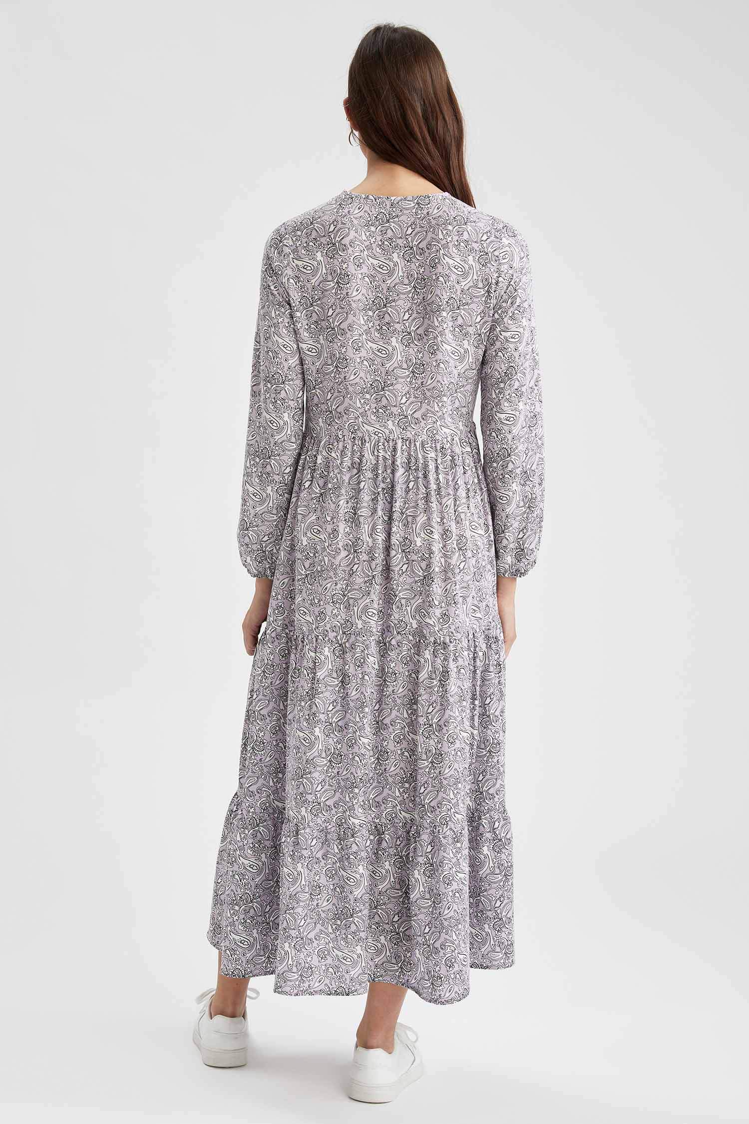 Volanlı Çicek Desenli Maxi Elbise