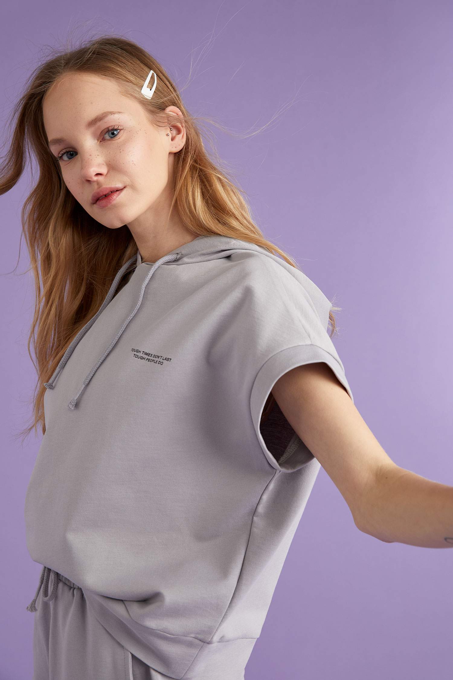 Yazı Baskılı Organik Pamuklu Relax Fit Kısa Kollu Sweatshirt