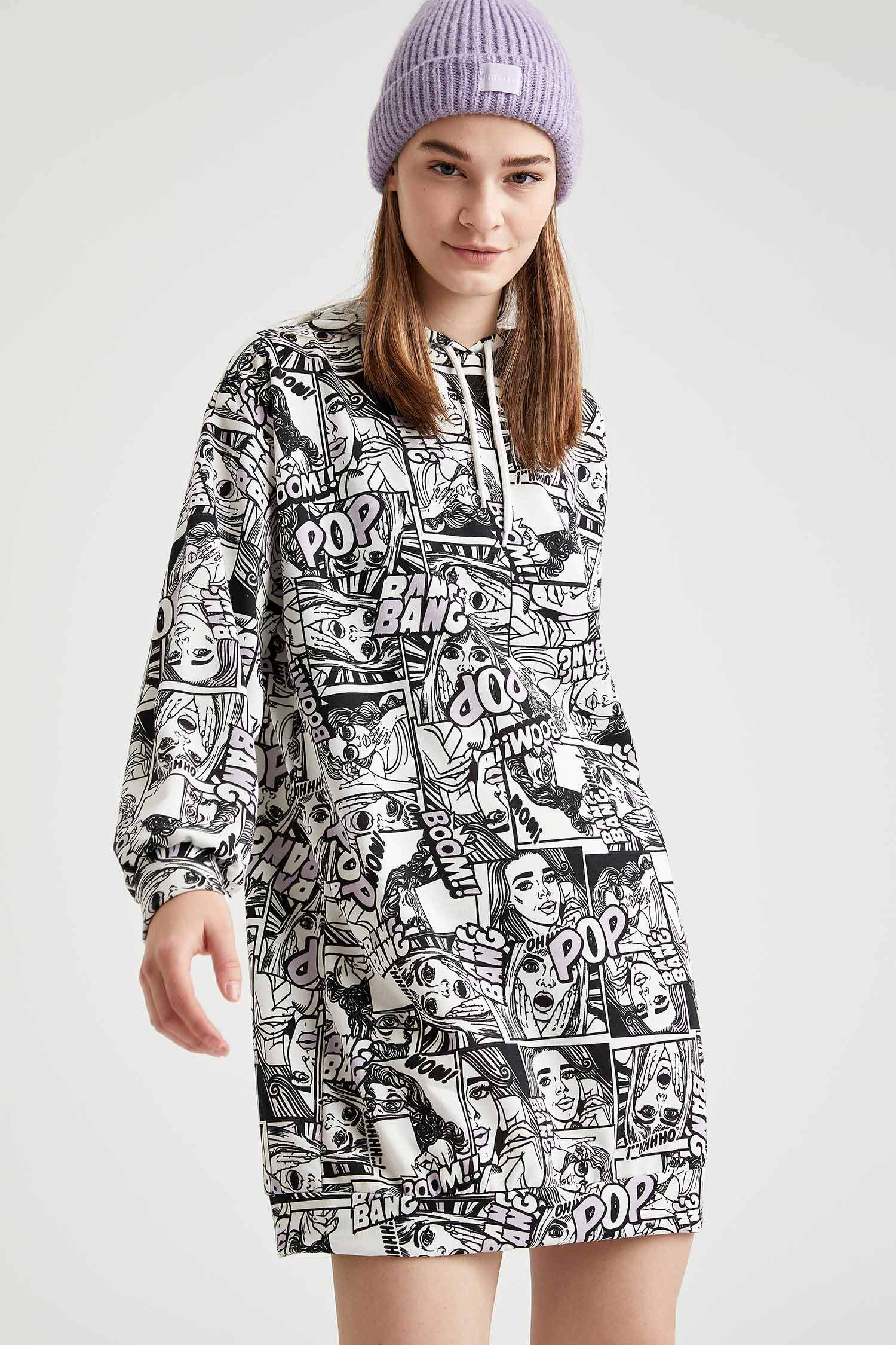 Defacto Pop Art Baskılı Kapüşonlu Oversize Sweat Elbise. 4 Defacto Pop Art Baskılı Kapüşonlu Oversize Sweat Elbise. 4