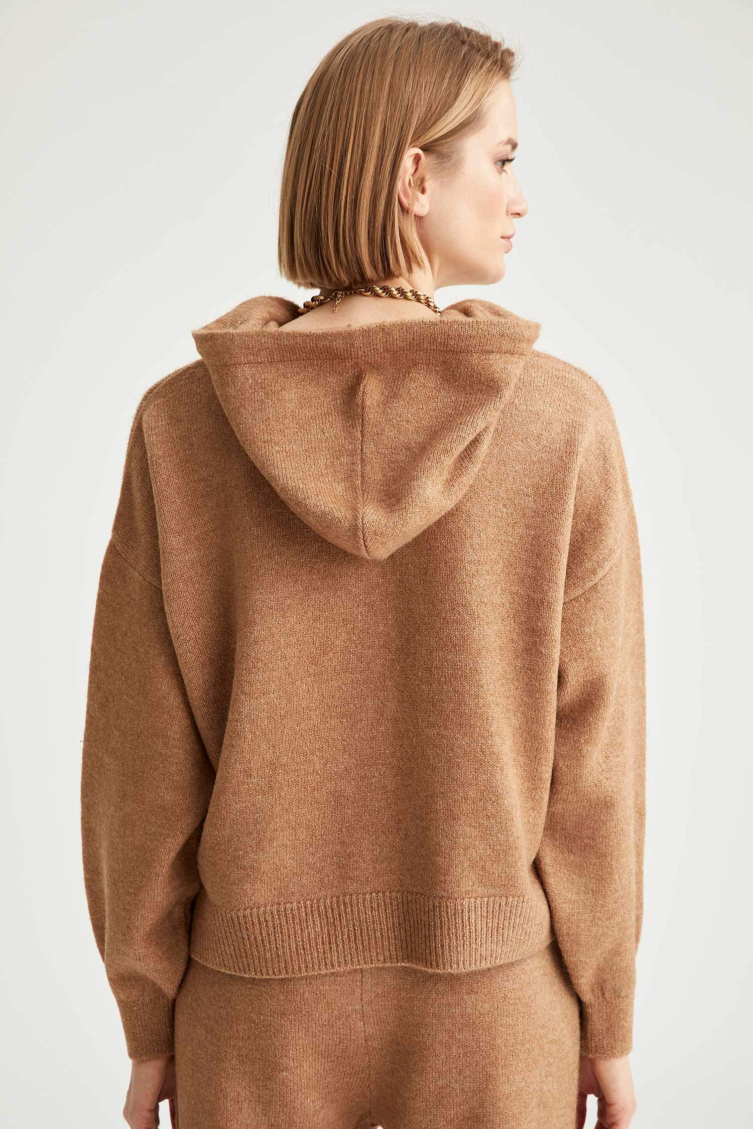 Kapüşonlu Relax Fit Crop Triko Sweatshirt