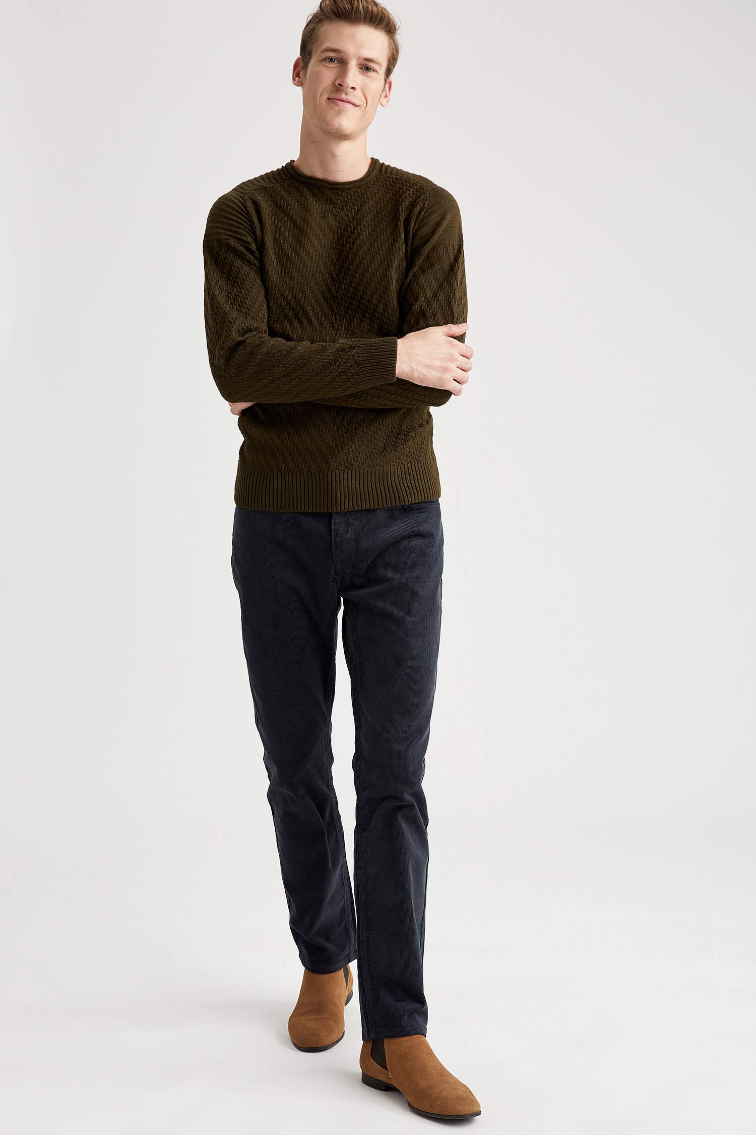 Desenli Slim Fit Bisiklet Yaka Triko Kazak
