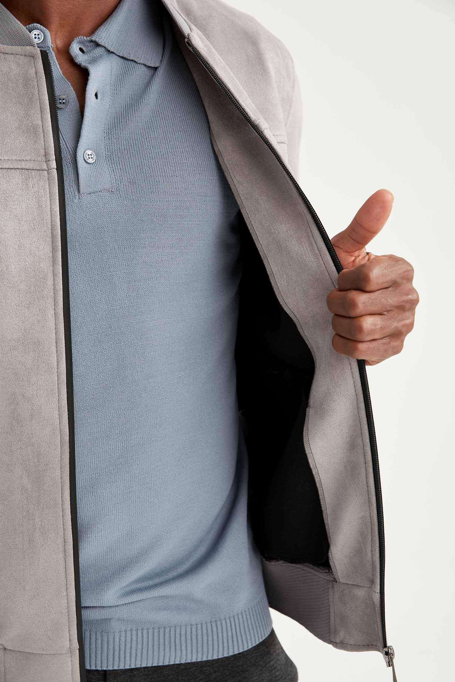Slim Fit Süet Kolej Yaka Bomber Ceket