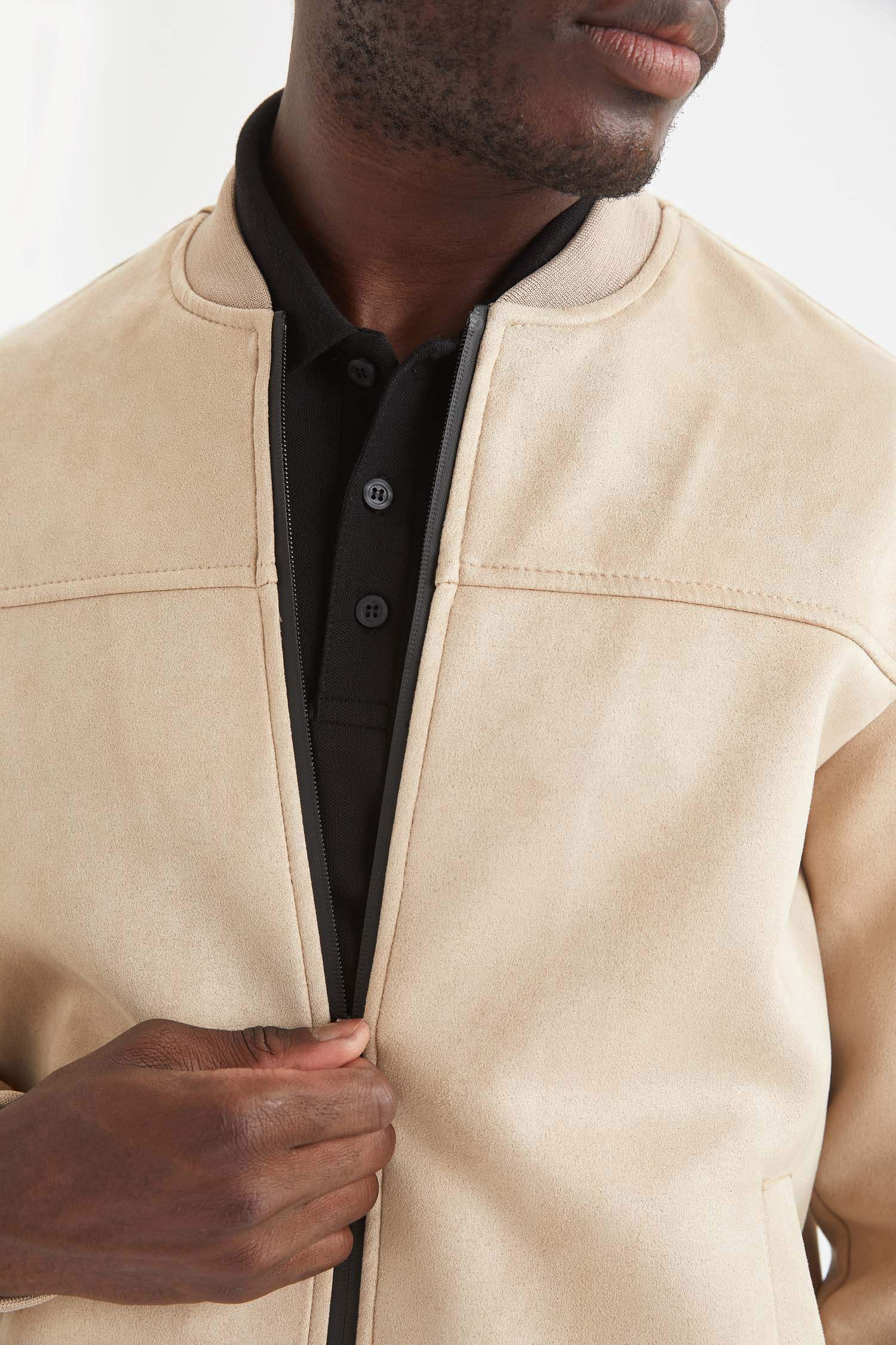 Slim Fit Süet Kolej Yaka Bomber Ceket