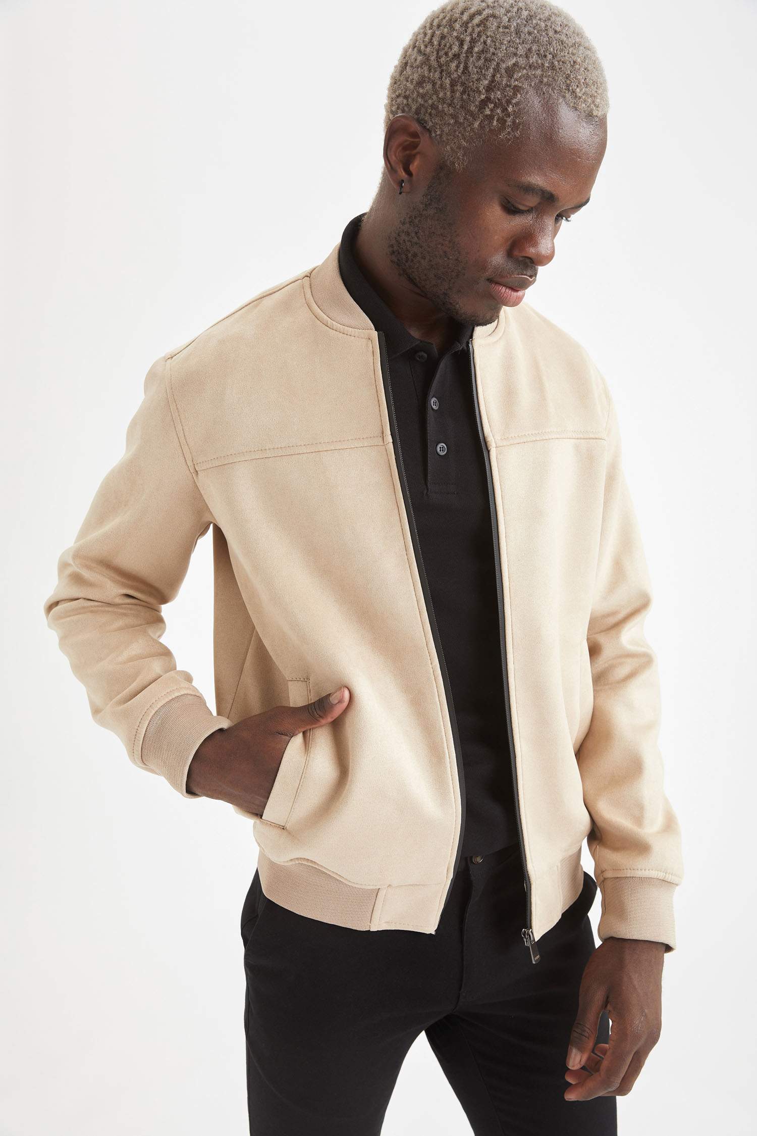 Slim Fit Süet Kolej Yaka Bomber Ceket