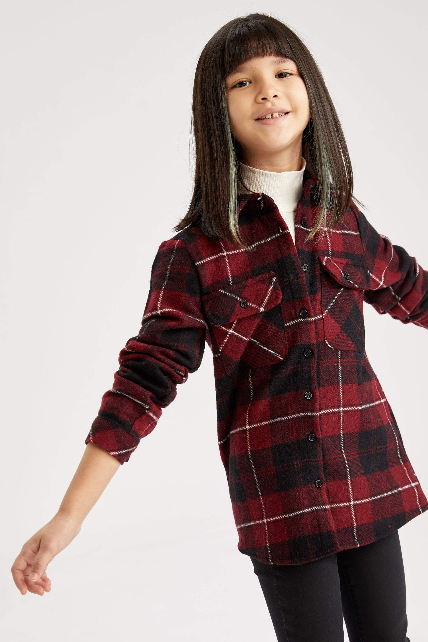 Kız Çocuk Oversize Fit Yılbaşı Temalı Uzun Kollu Flanel Oduncu Gömlek