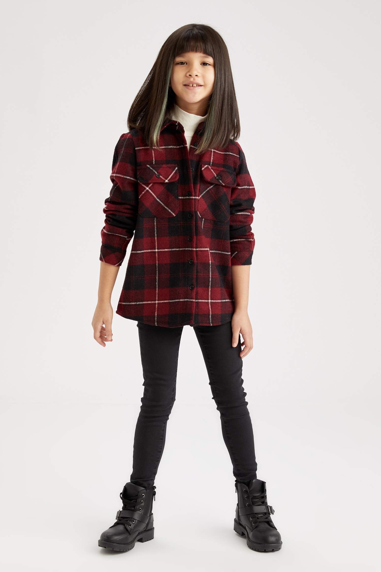 Kız Çocuk Oversize Fit Yılbaşı Temalı Uzun Kollu Flanel Oduncu Gömlek