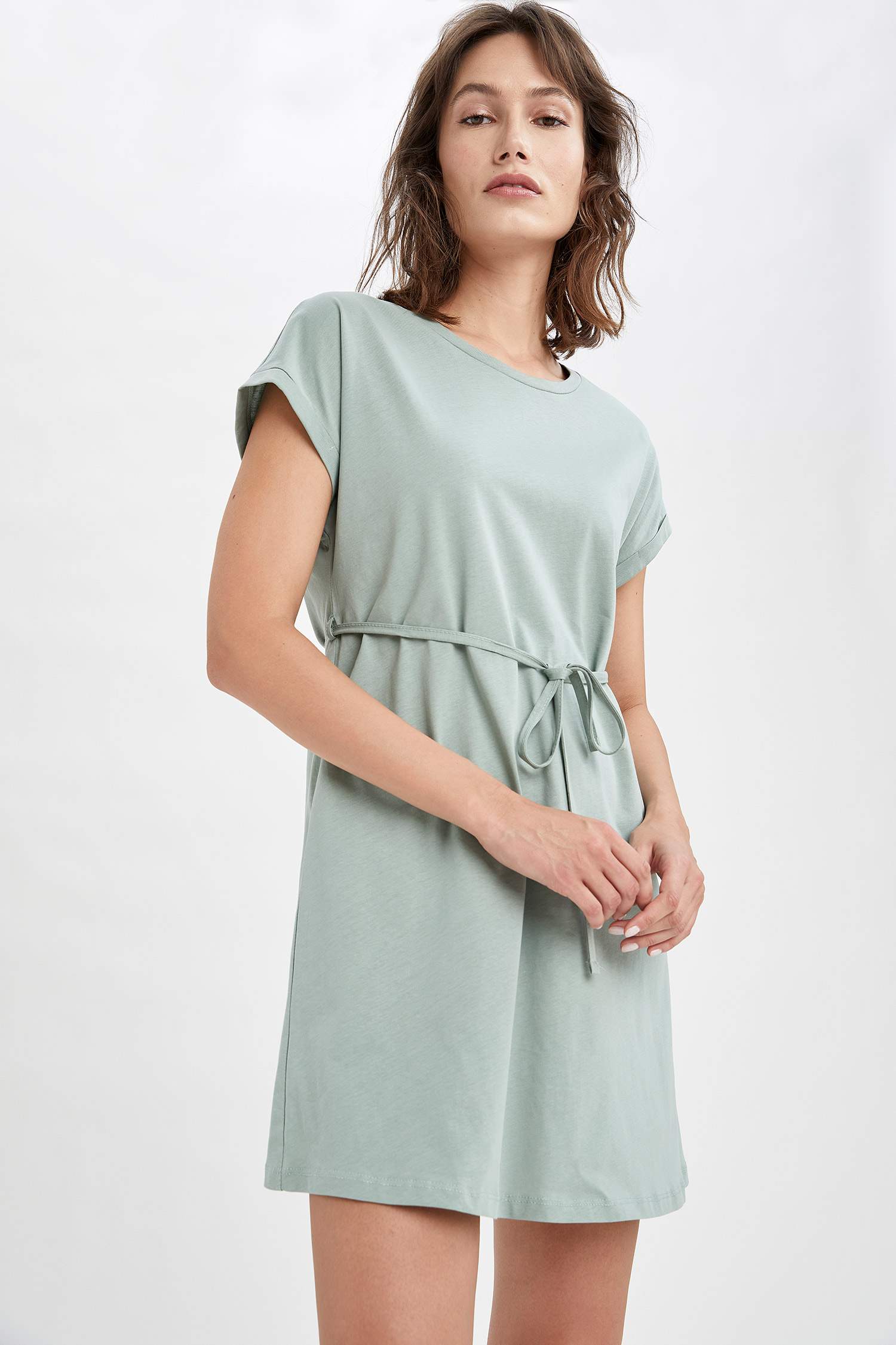 Basic Beli Bağcıklı Yazlık Kısa Kollu Mini Elbise
