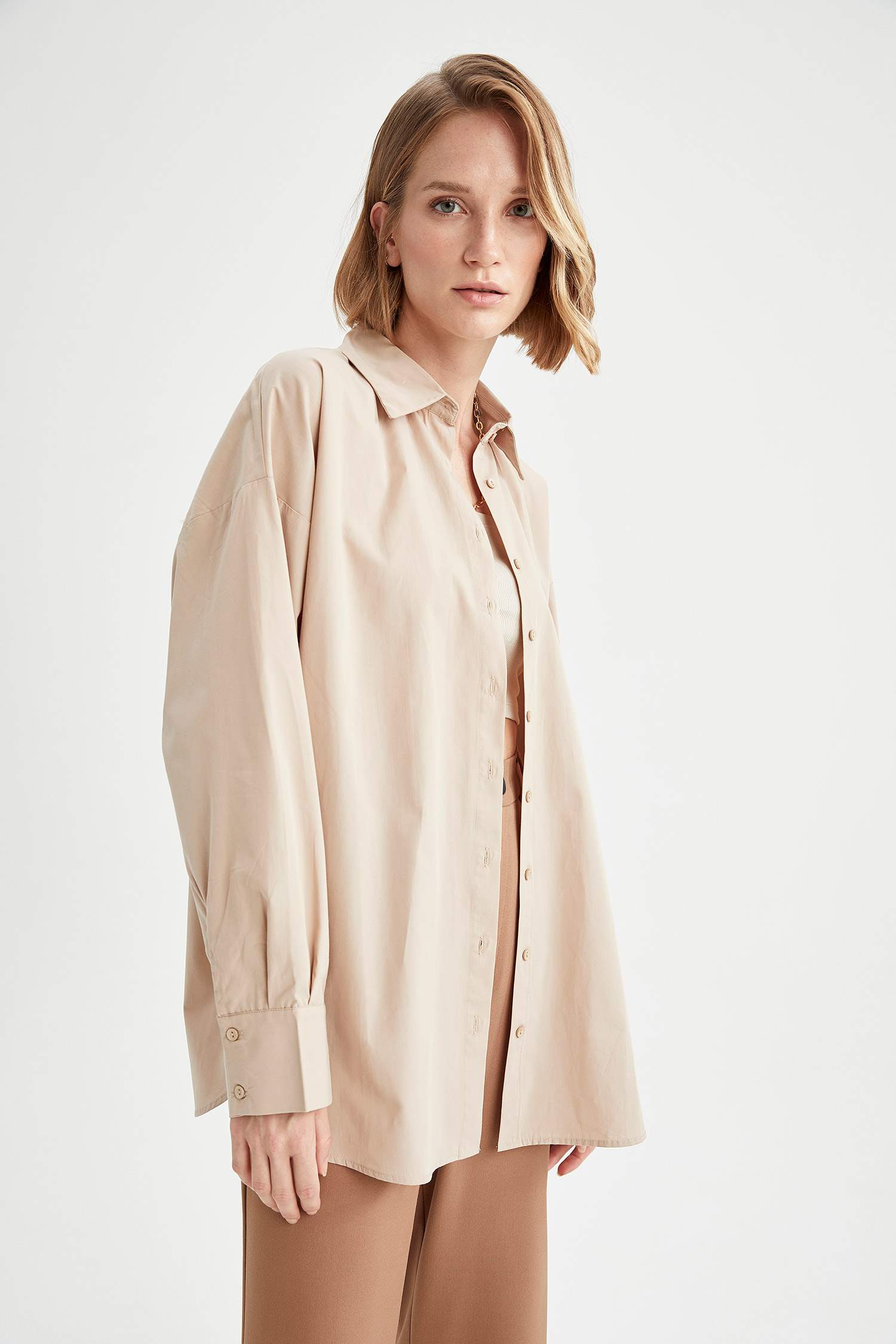 Oversize Fit Pamuklu Uzun Kollu Poplin Gömlek