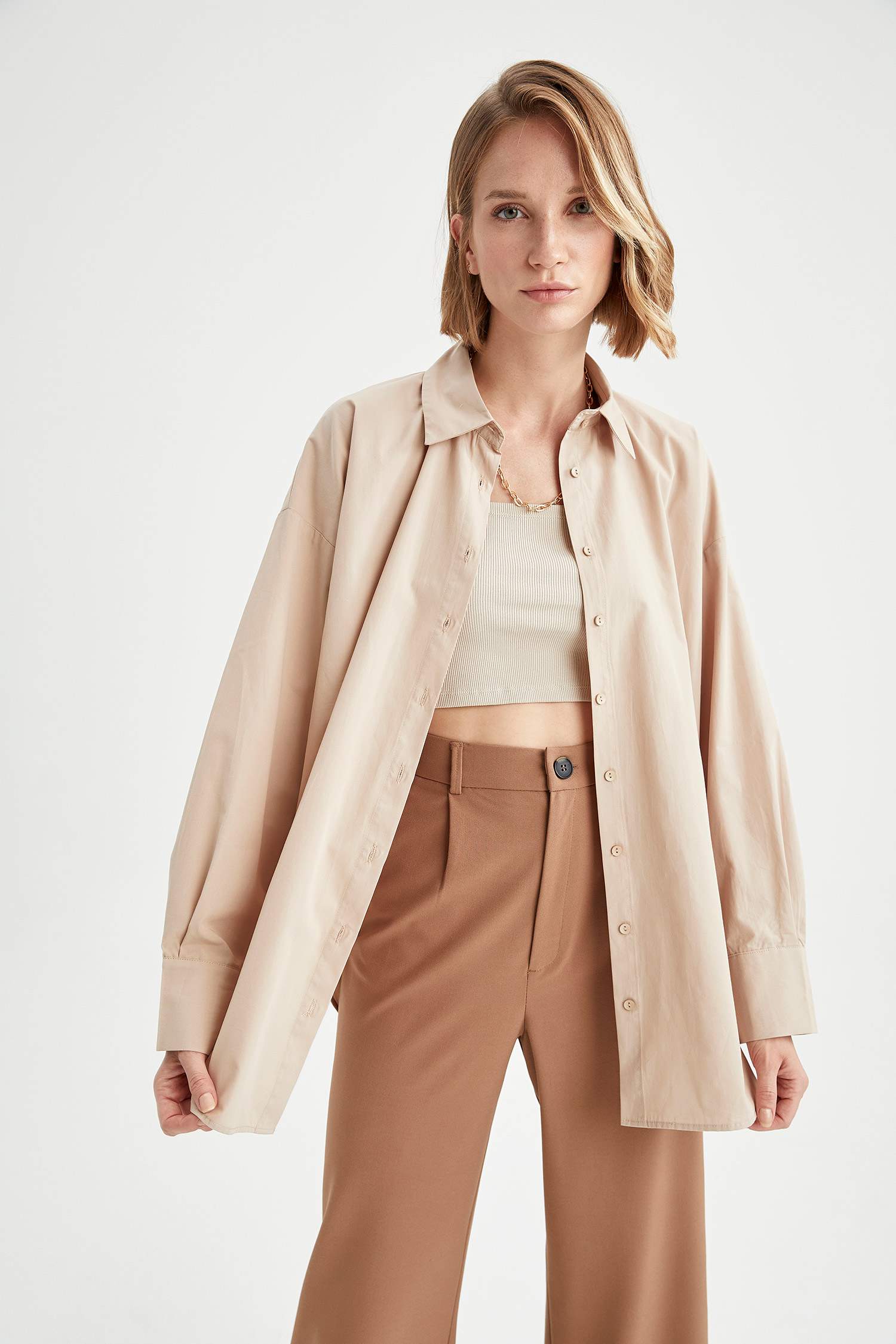 Oversize Fit Pamuklu Uzun Kollu Poplin Gömlek