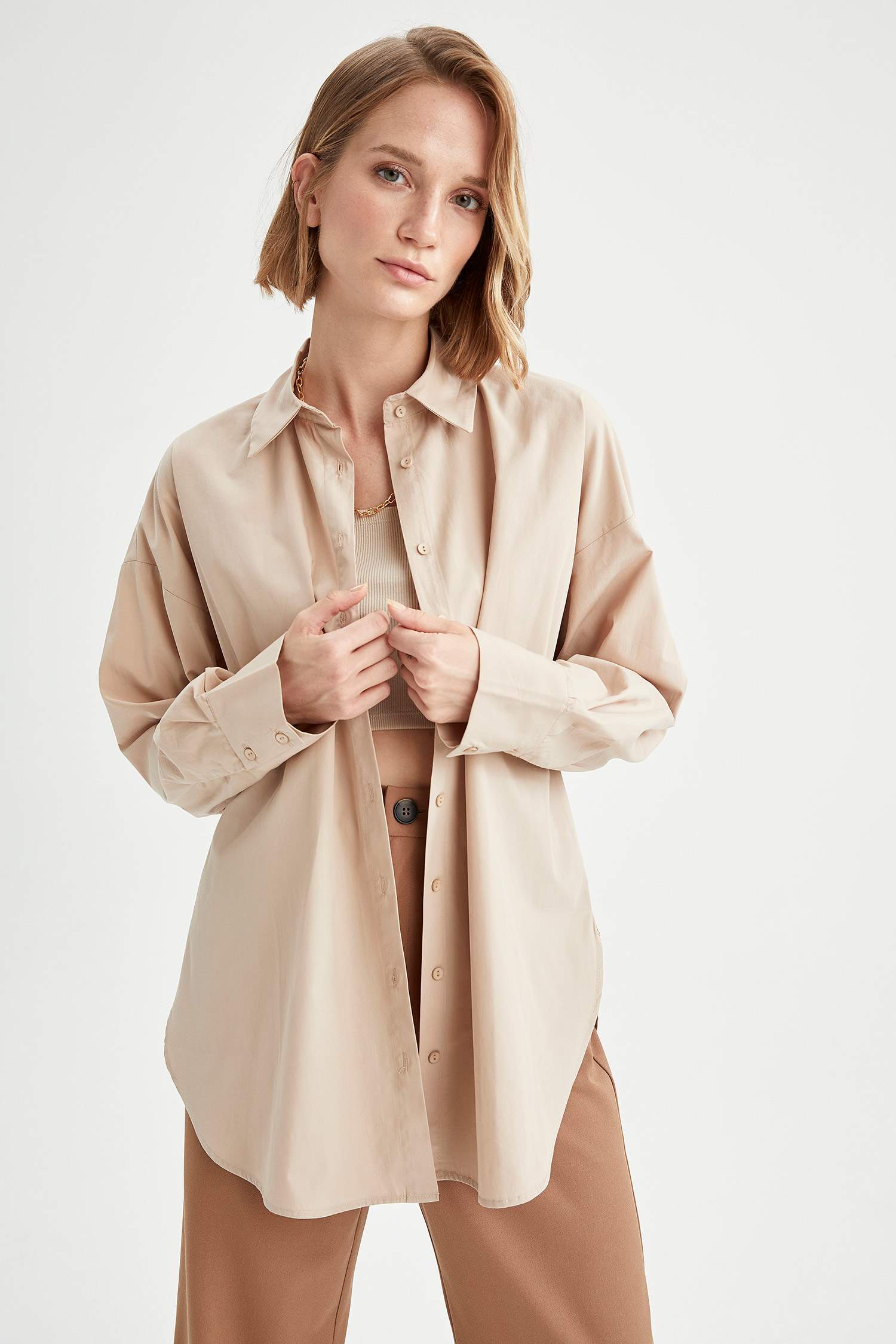 Oversize Fit Pamuklu Uzun Kollu Poplin Gömlek
