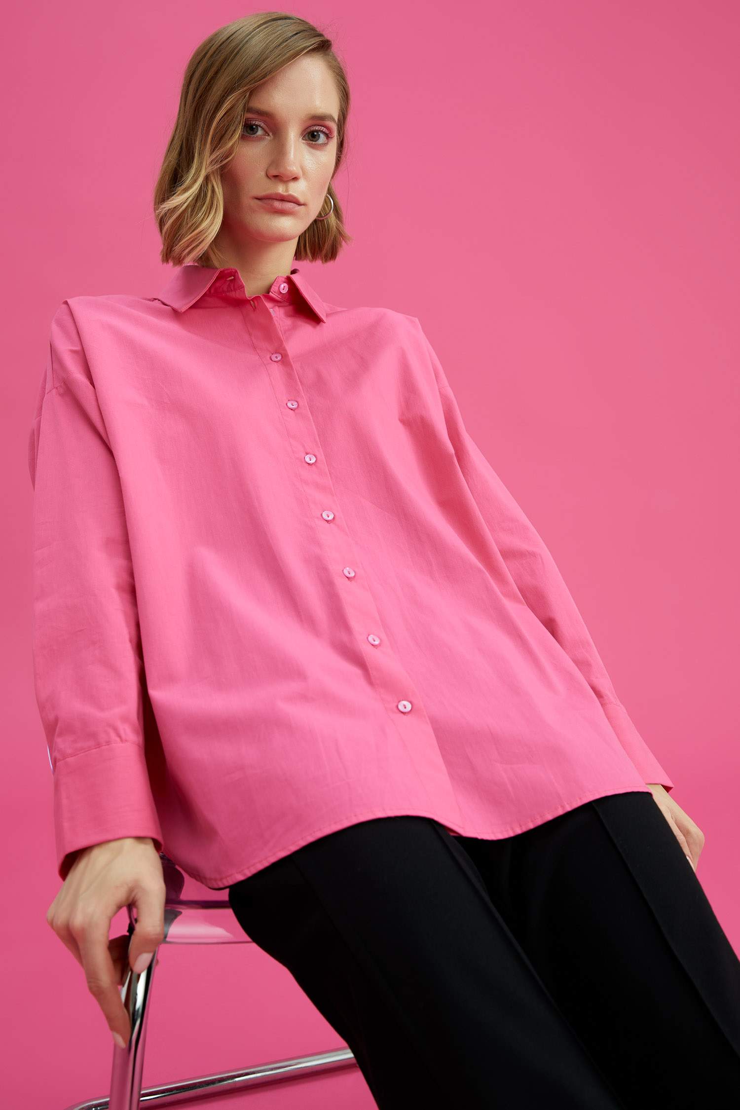 Oversize Fit Pamuklu Uzun Kollu Poplin Gömlek