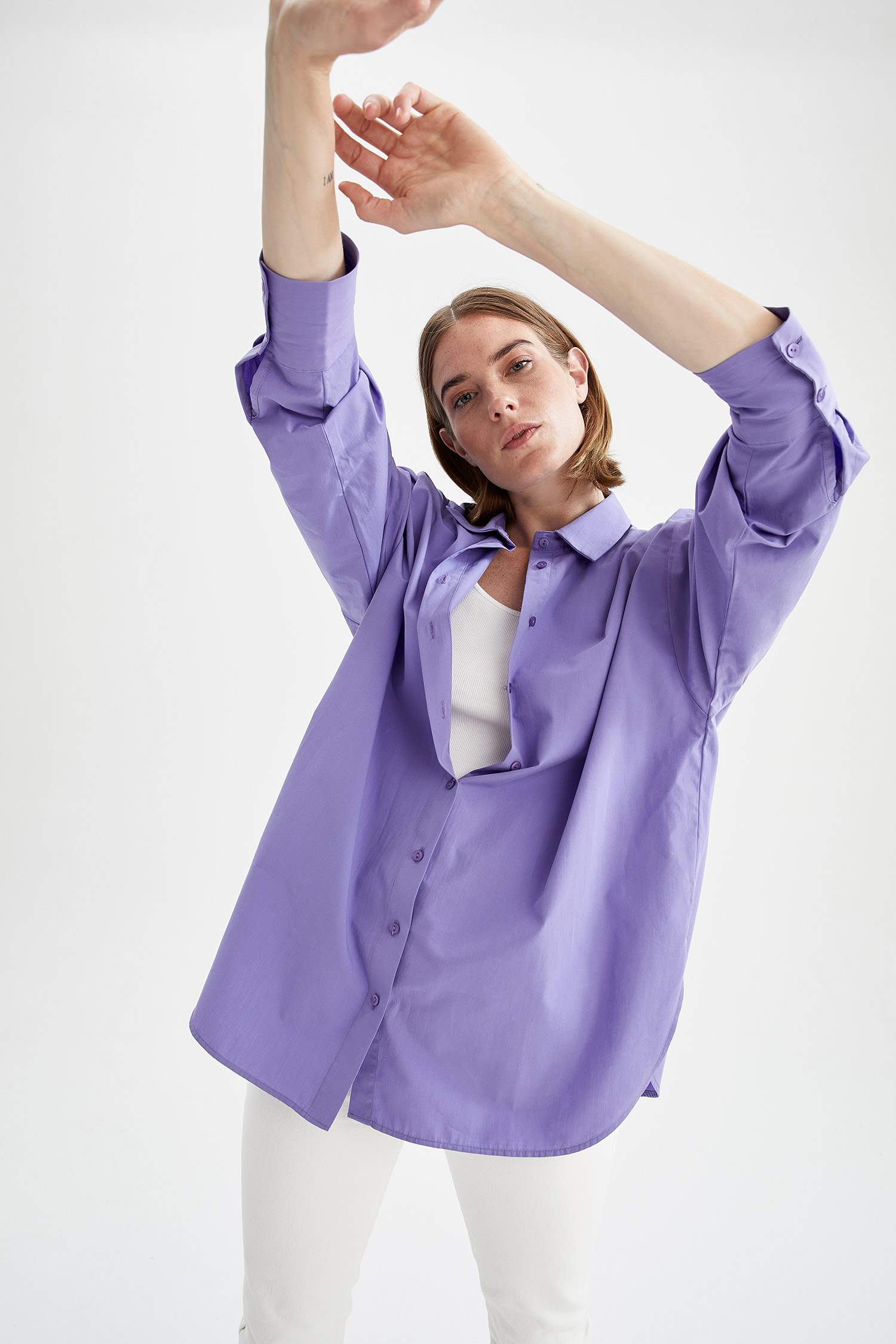 Oversize Fit Pamuklu Uzun Kollu Poplin Gömlekk