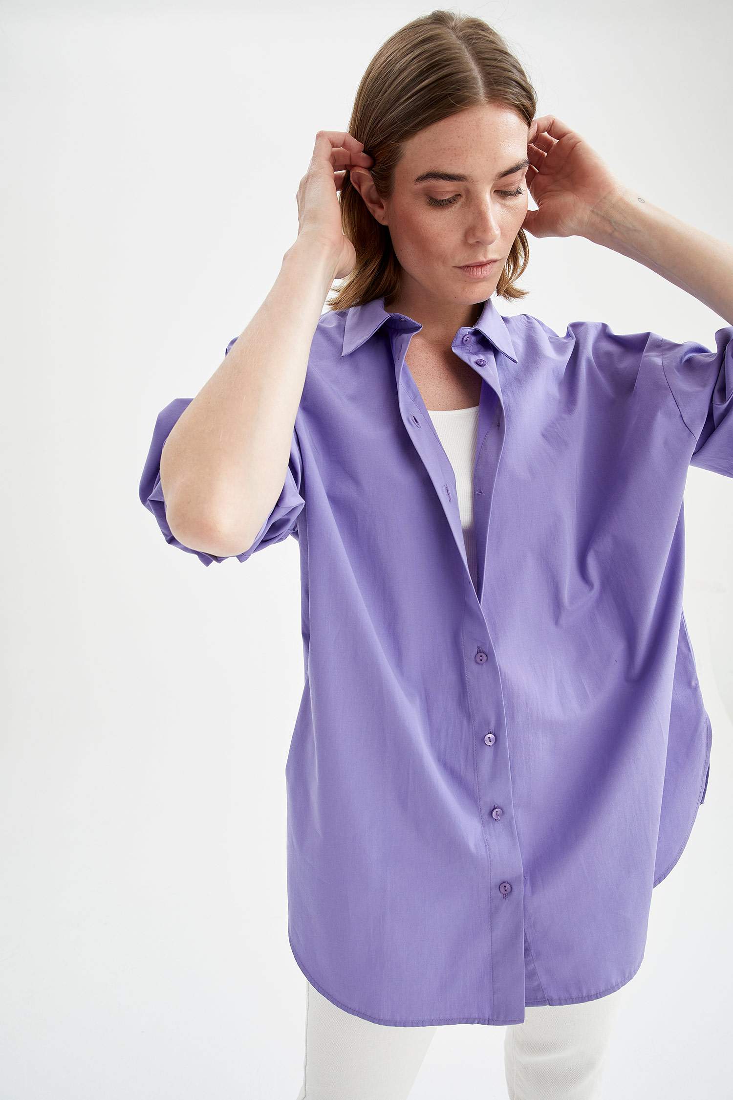 Oversize Fit Pamuklu Uzun Kollu Poplin Gömlekk