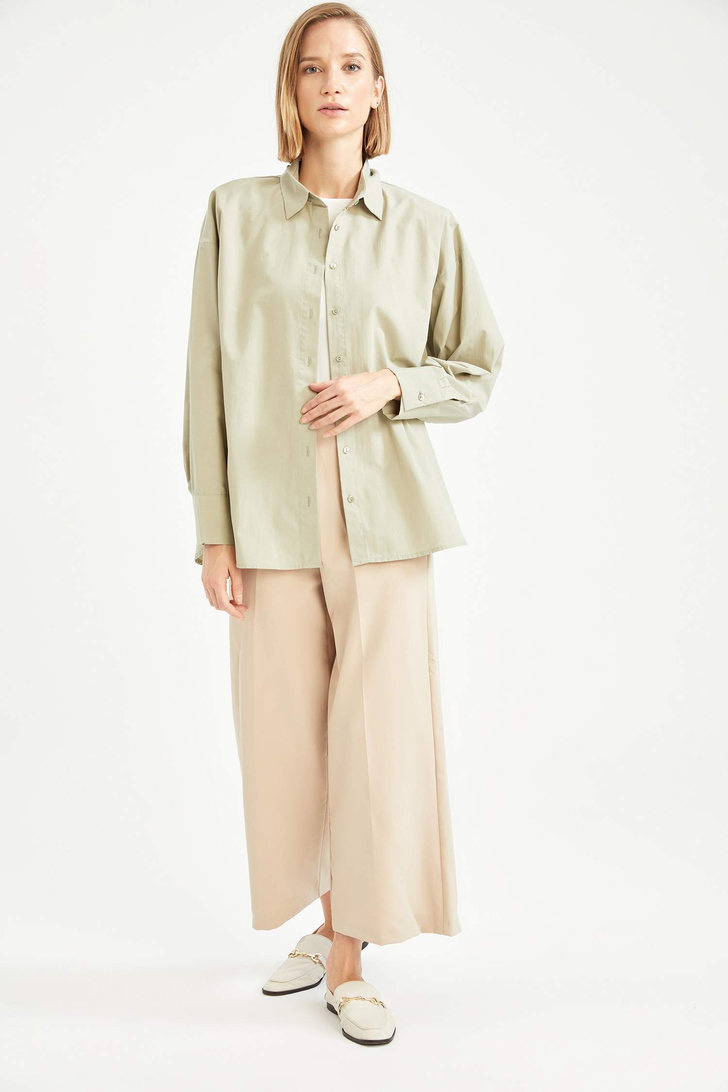 Oversize Fit Pamuklu Uzun Kollu Poplin Gömlek