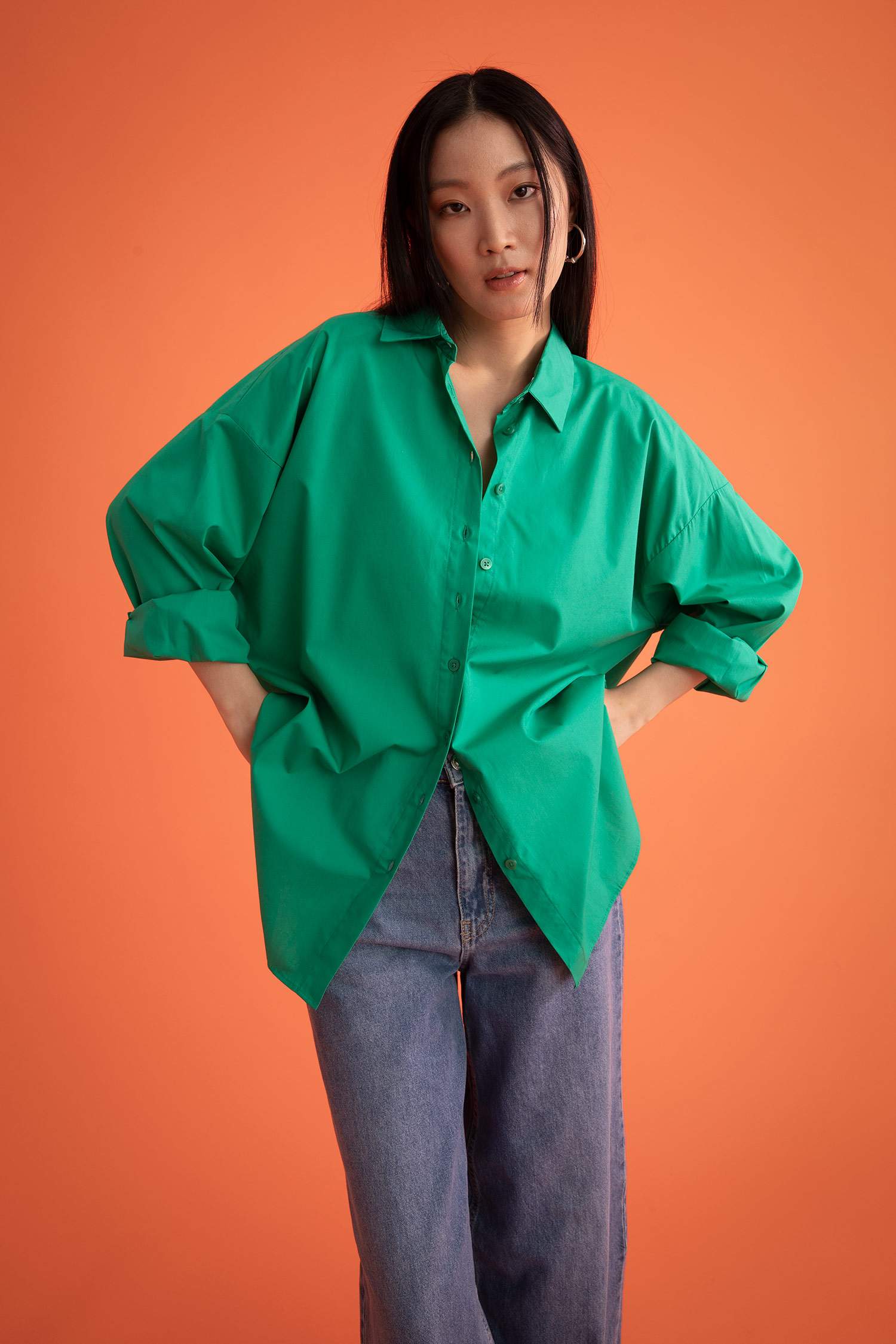Oversize Fit Pamuklu Uzun Kollu Poplin Gömlek