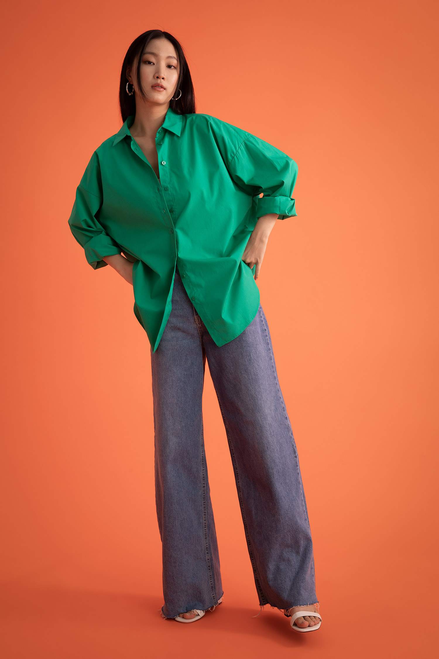Oversize Fit Pamuklu Uzun Kollu Poplin Gömlek