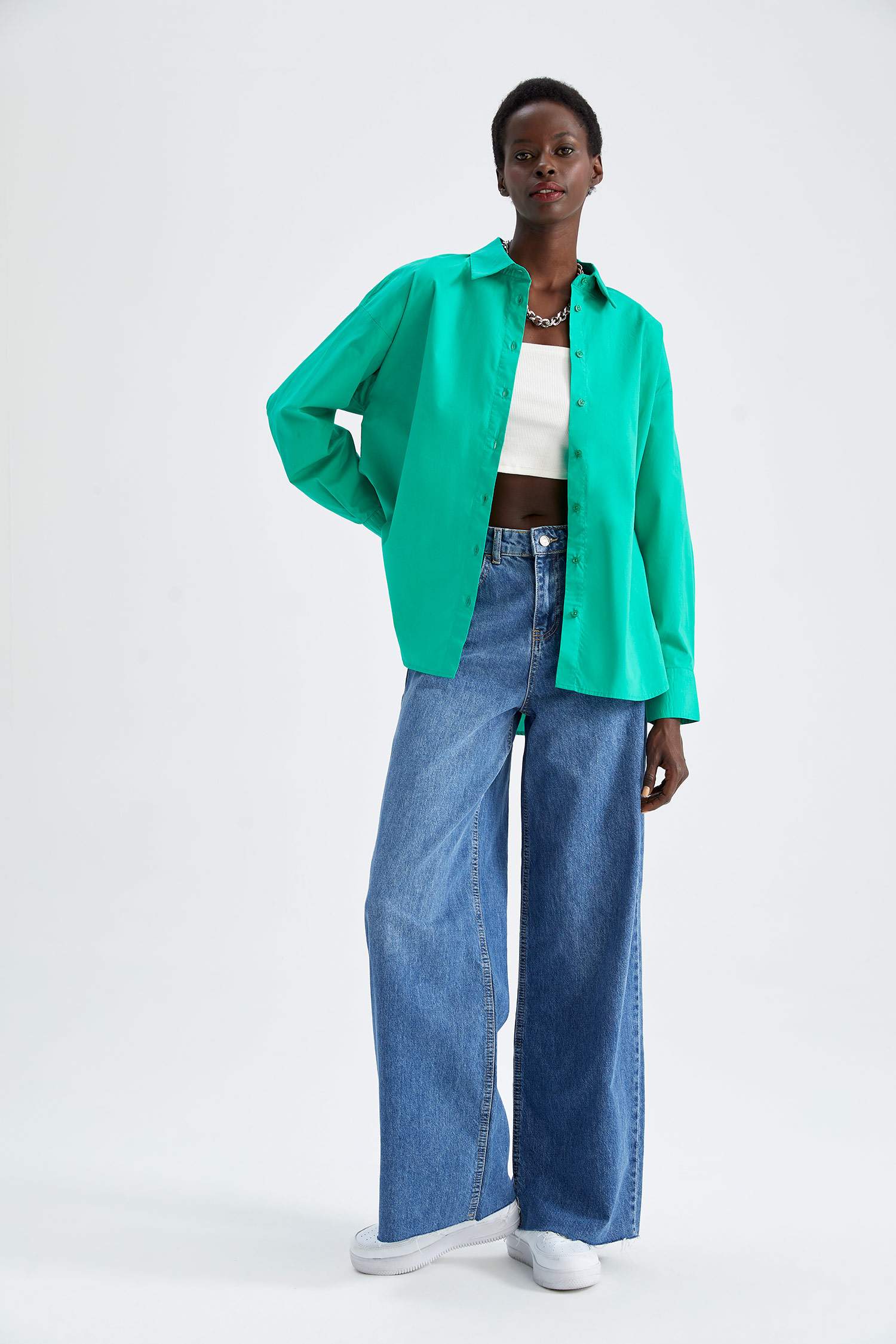 Oversize Fit Pamuklu Uzun Kollu Poplin Gömlek