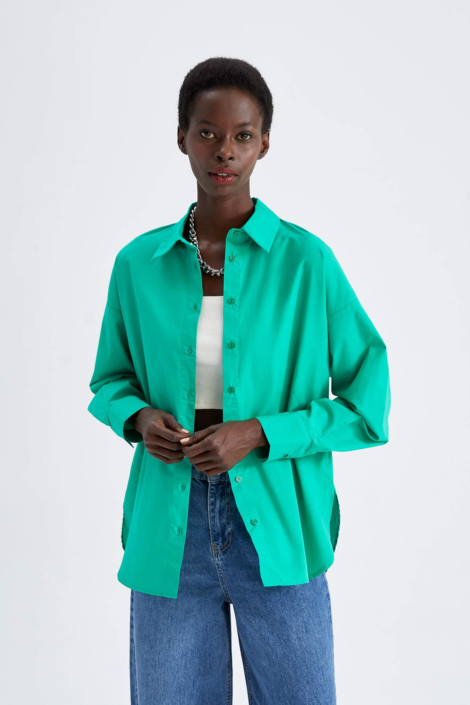 Oversize Fit Pamuklu Uzun Kollu Poplin Gömlek