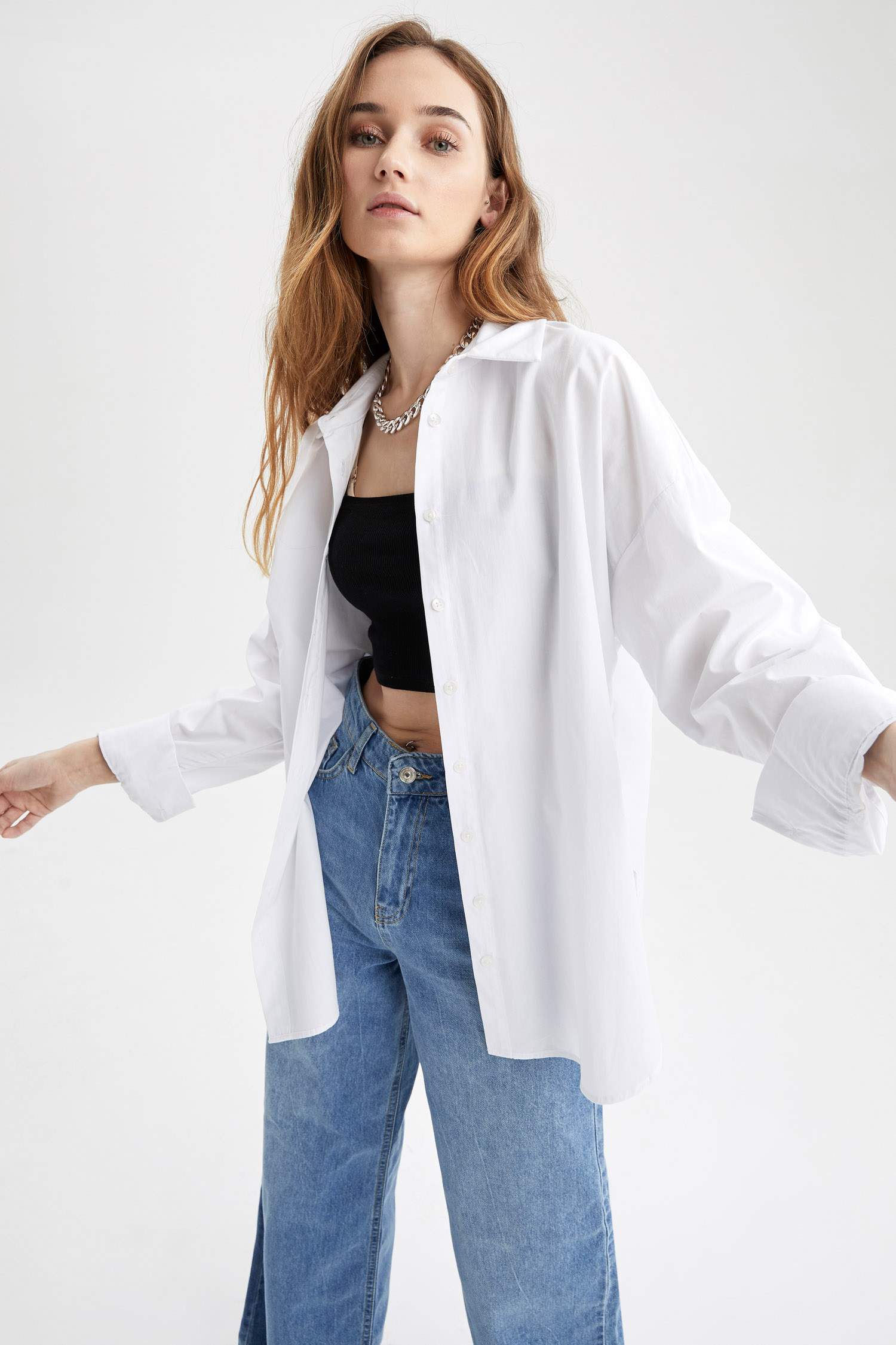 Oversize Fit Pamuklu Uzun Kollu Poplin Gömlek