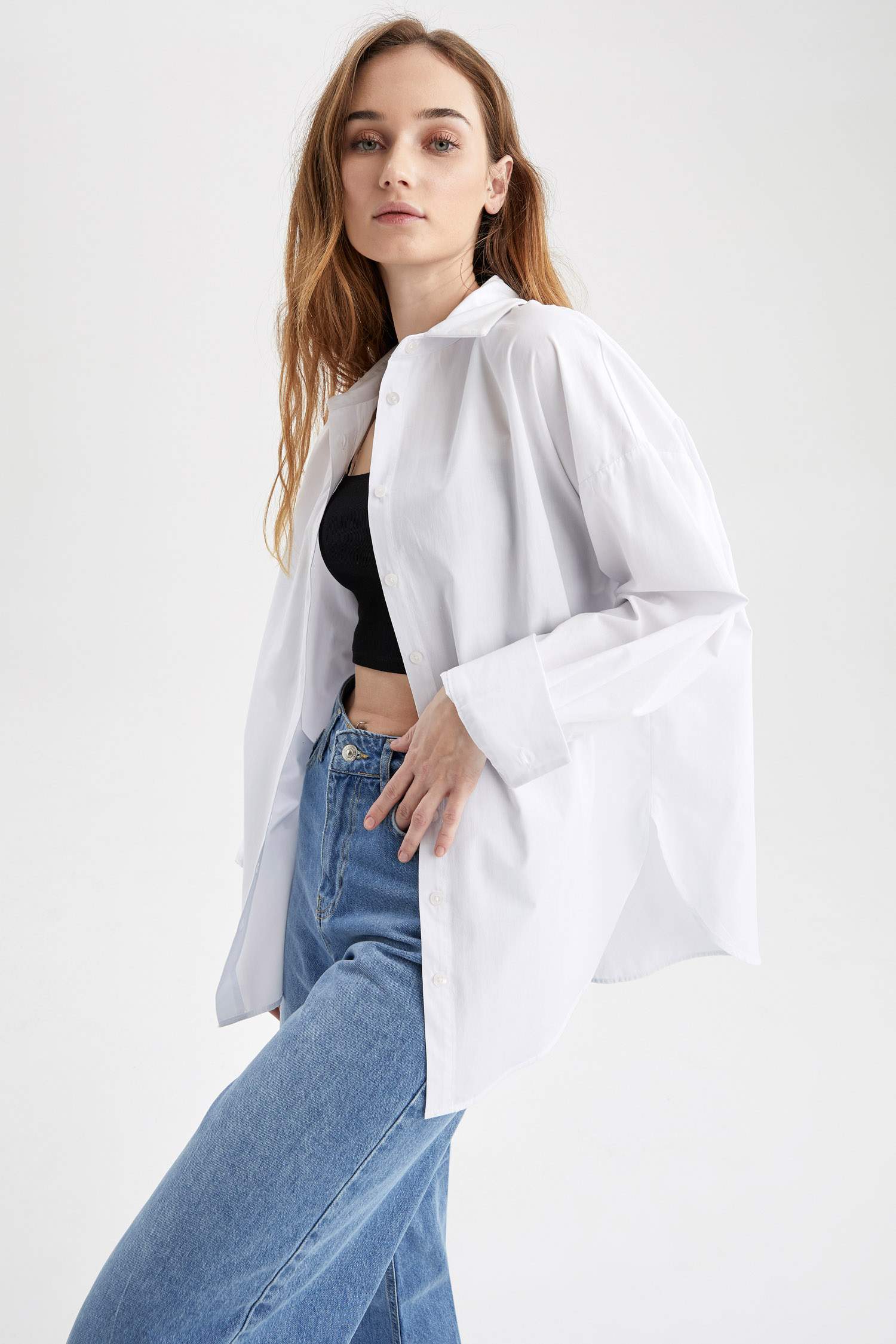 Oversize Fit Pamuklu Uzun Kollu Poplin Gömlek