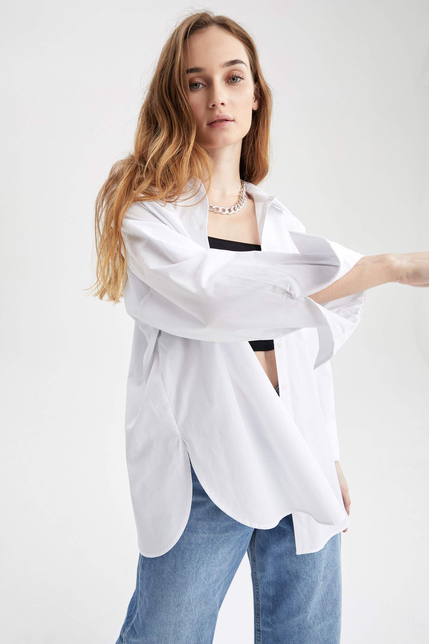 Oversize Fit Pamuklu Uzun Kollu Poplin Gömlek