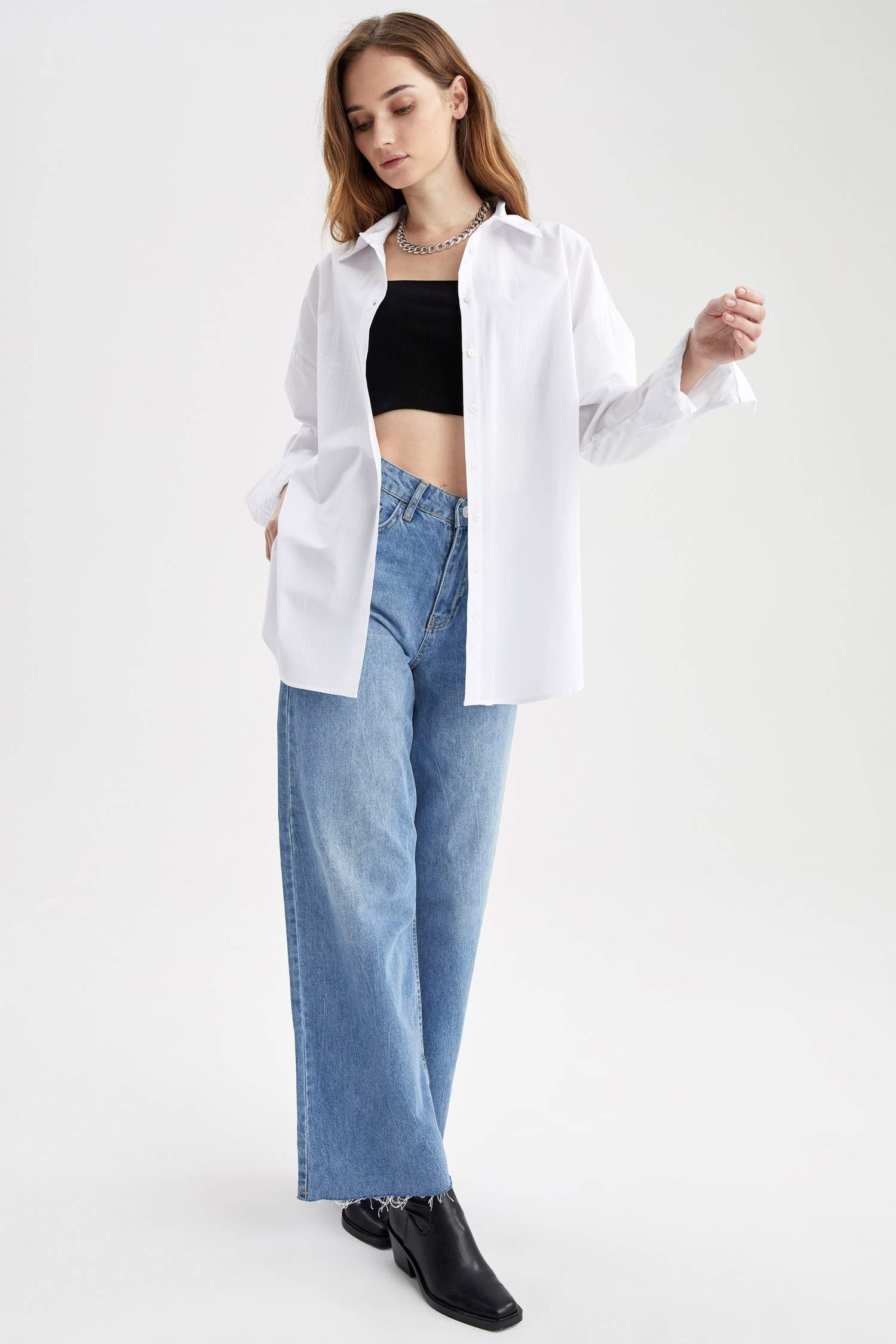 Oversize Fit Pamuklu Uzun Kollu Poplin Gömlek
