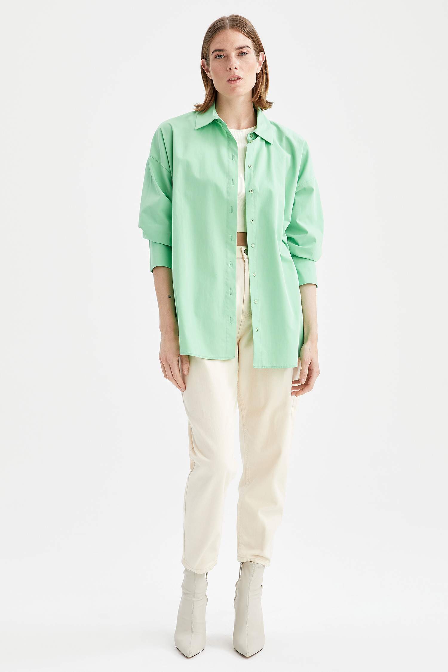 Oversize Fit Pamuklu Uzun Kollu Poplin Gömlek