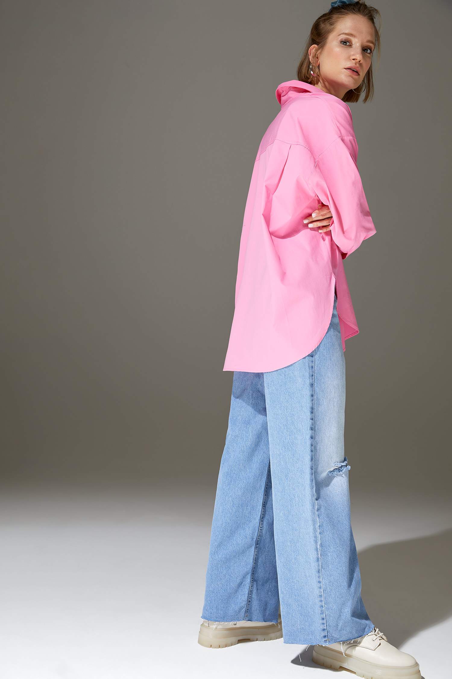 Oversize Fit Pamuklu Uzun Kollu Poplin Gömlek