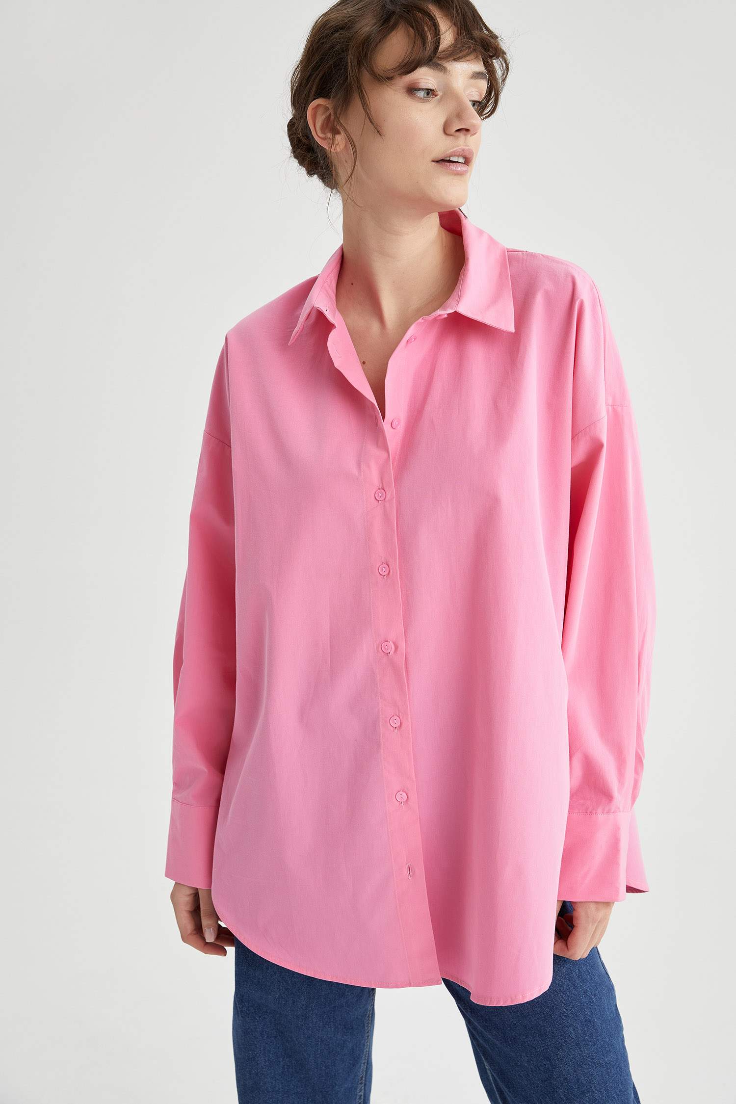 Oversize Fit Pamuklu Uzun Kollu Poplin Gömlek