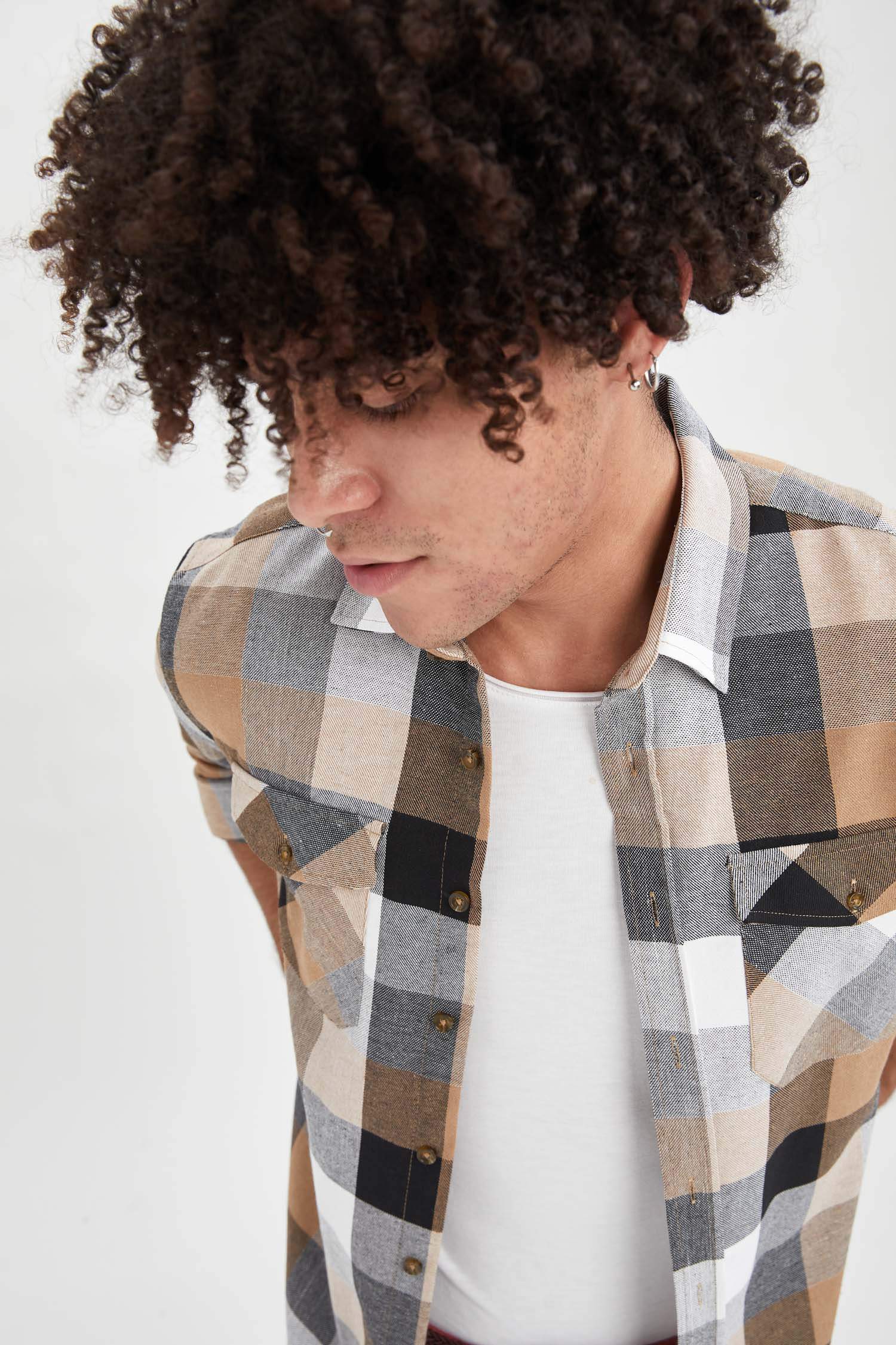 Slim Fit Kare Desenli Uzun Kollu Gömlek Ceket