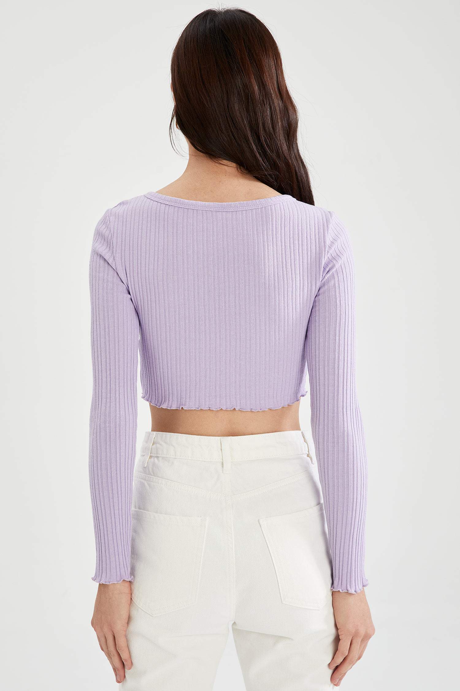V Yaka Düğmeli Crop Pamuklu Hırka