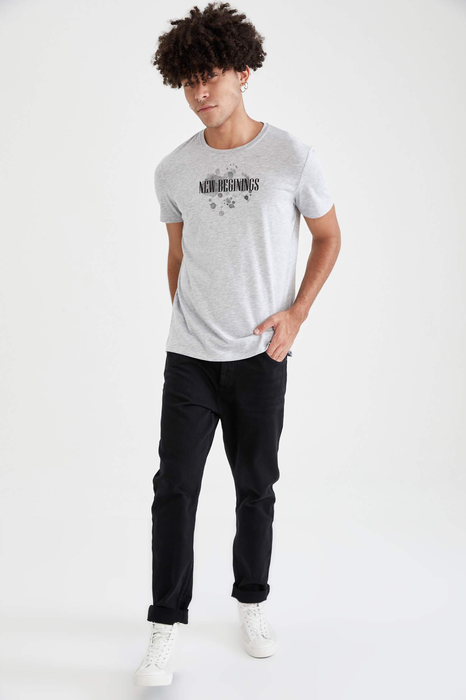Slim Fit Bisiklet Yaka Baskılı Pamuklu Penye Tişört