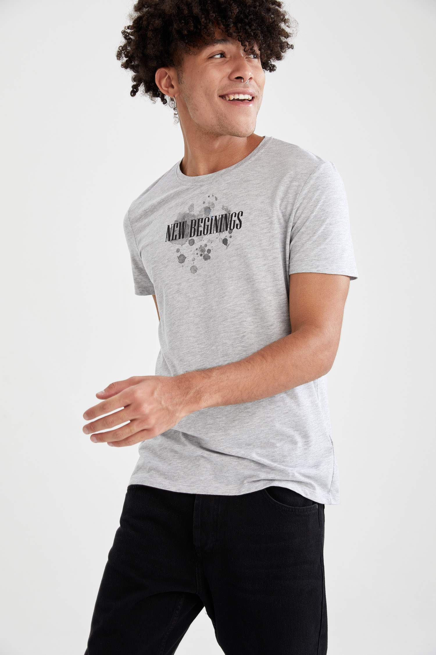 Slim Fit Bisiklet Yaka Baskılı Pamuklu Penye Tişört
