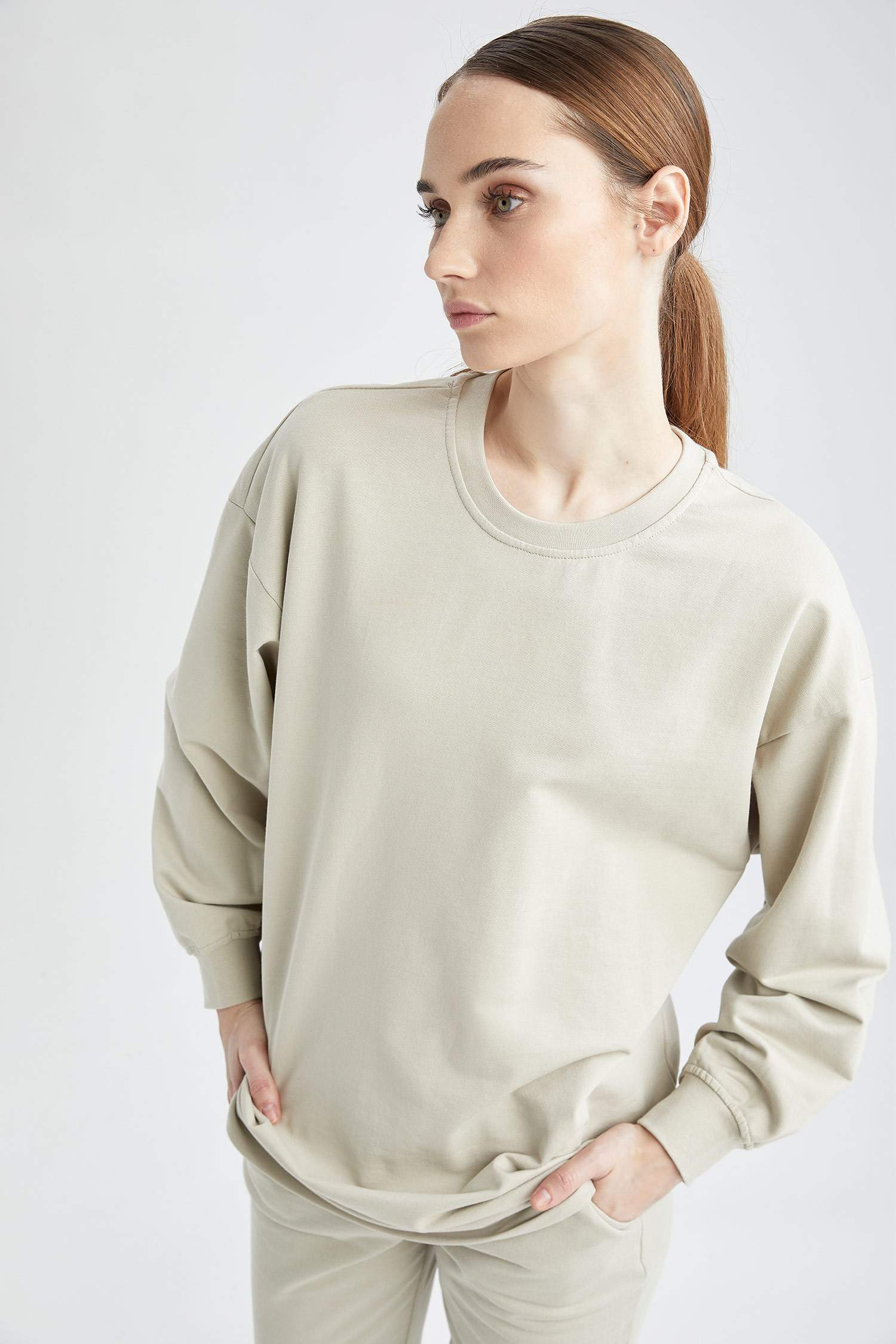 Organik Pamuk Basic Ribana Kollu Relax Fit Sweat Tunik
