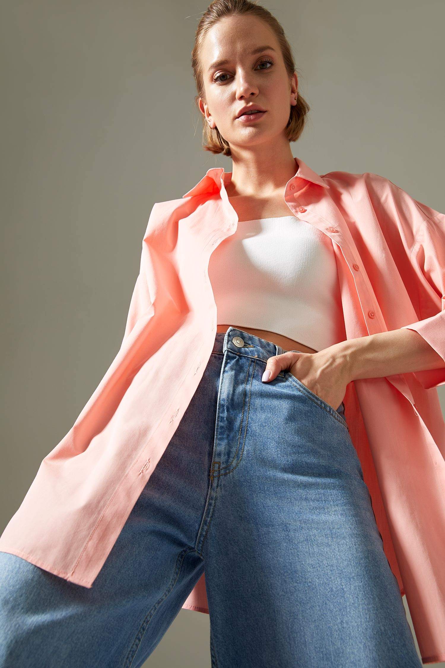 Beli Bağcık Detaylı Relax Fit Poplin Gömlek Tunik