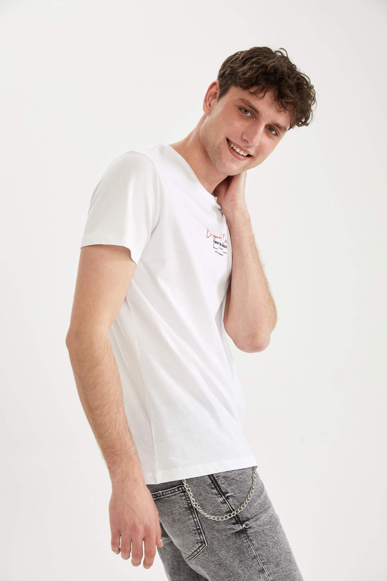 Slim Fit Bisiklet Yaka Baskılı Tişört