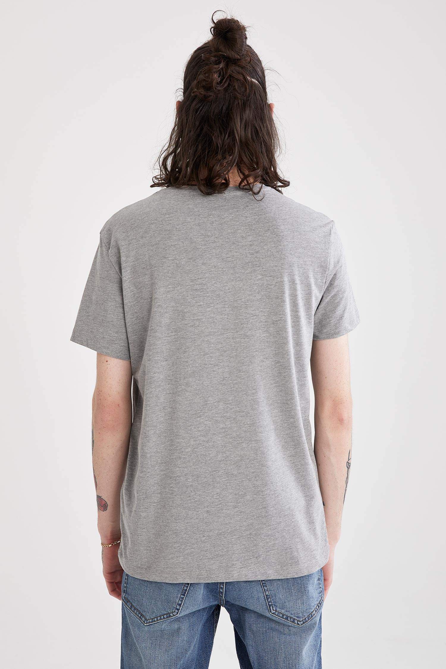 Slim Fit Bisiklet Yaka Slogan Baskılı Kısa Kollu Tişört
