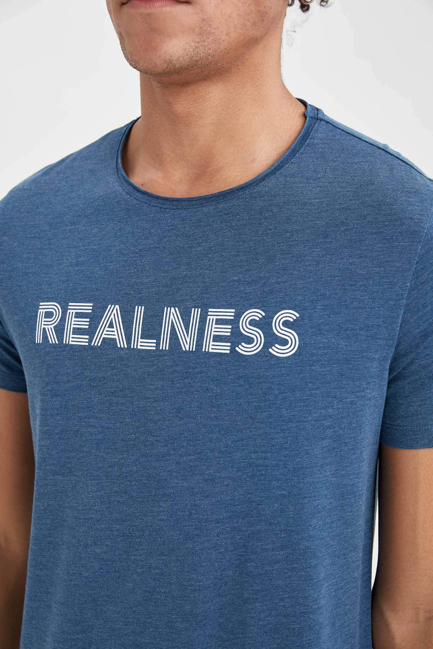 Slim Fit Bisiklet Yaka Slogan Baskılı Kısa Kollu Tişört