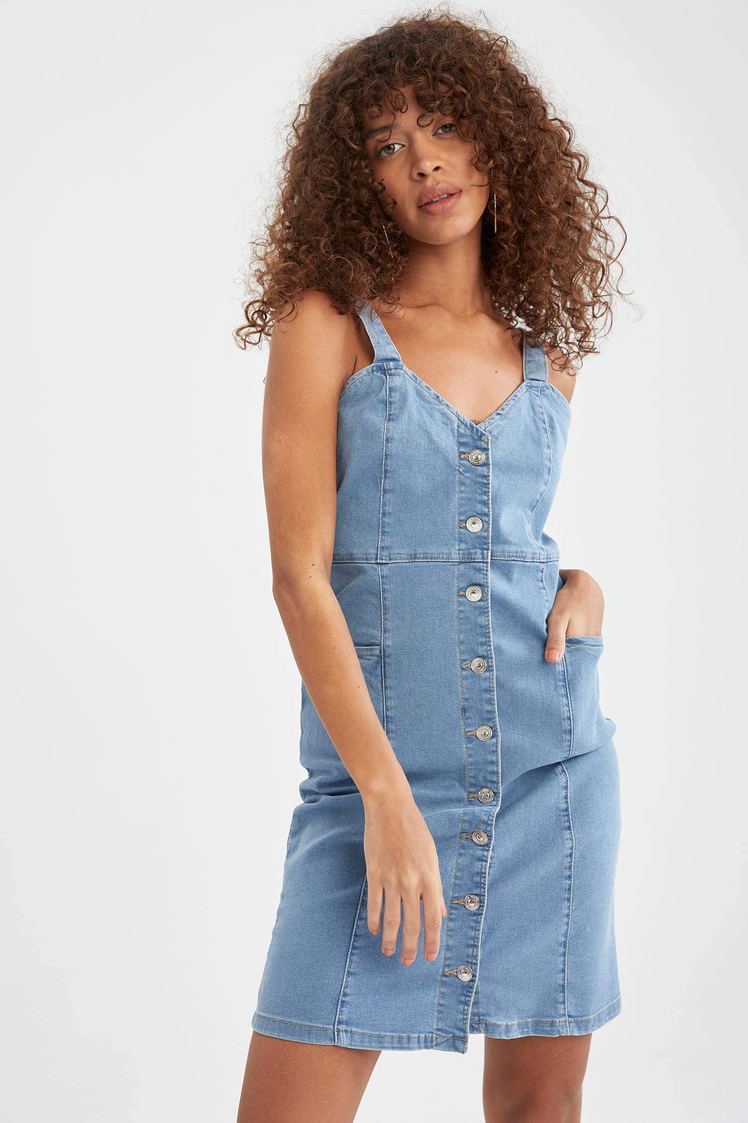Slim Fit V Yaka Mini Jean Elbise