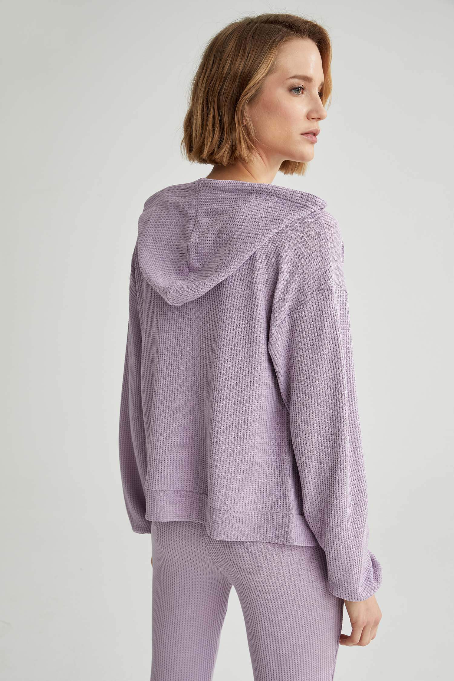 Waffle Kapüşonlu Kanguru Cepli Sweat Hırka