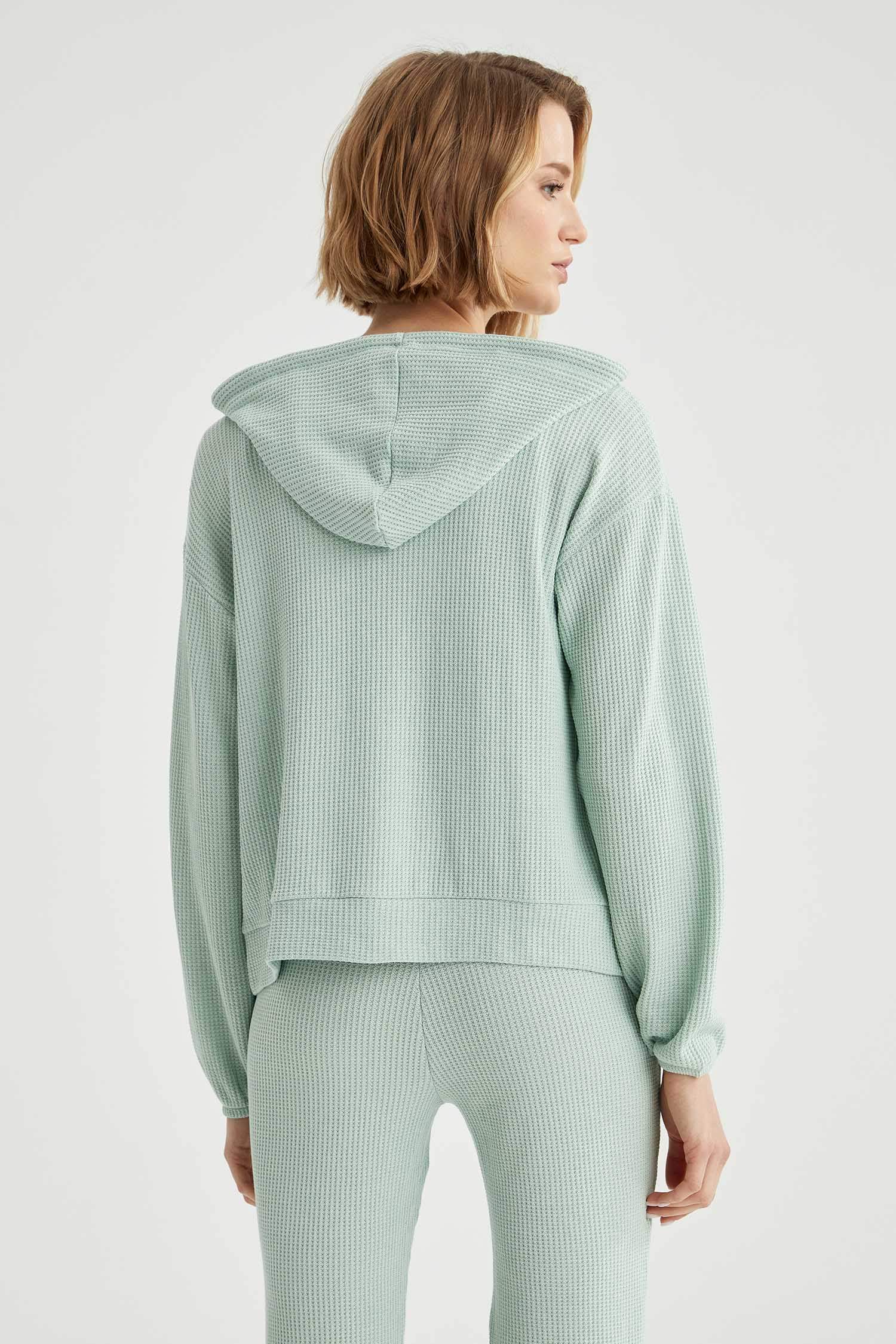 Waffle Kapüşonlu Kanguru Cepli Sweat Hırka