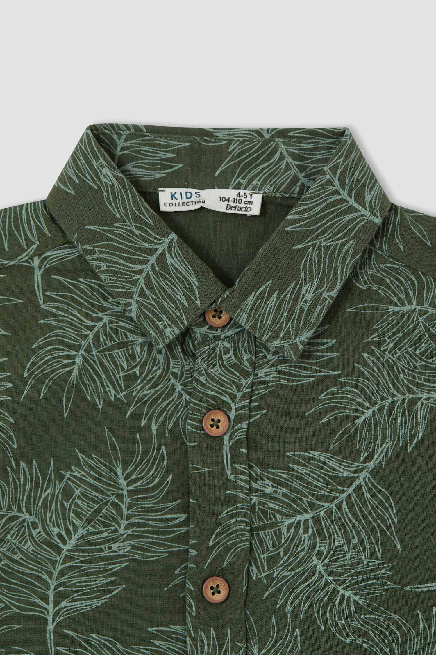 Erkek Çocuk Regular Fit Desenli Keten Görünümlü Kısa Kol Gömlek