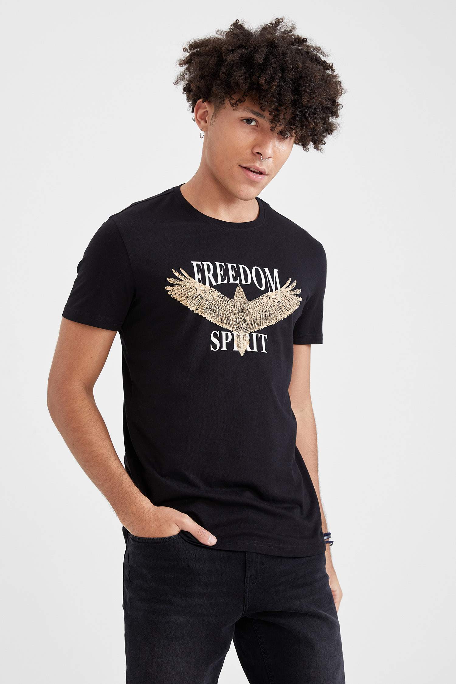 Slim Fit Bisiklet Yaka Baskılı Kısa Kollu Tişört