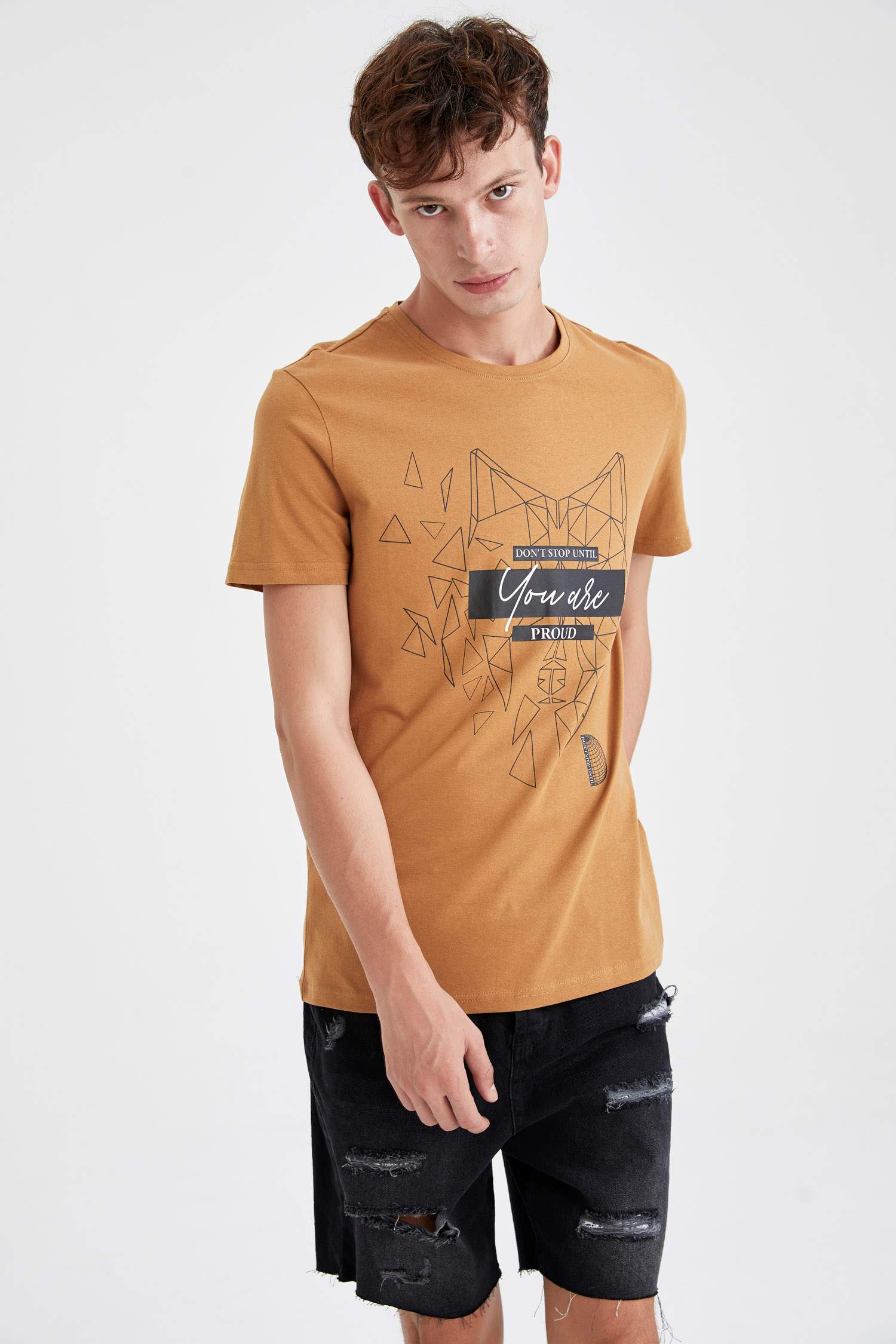 Slim Fit Bisiklet Yaka Baskılı Kısa Kollu Tişört