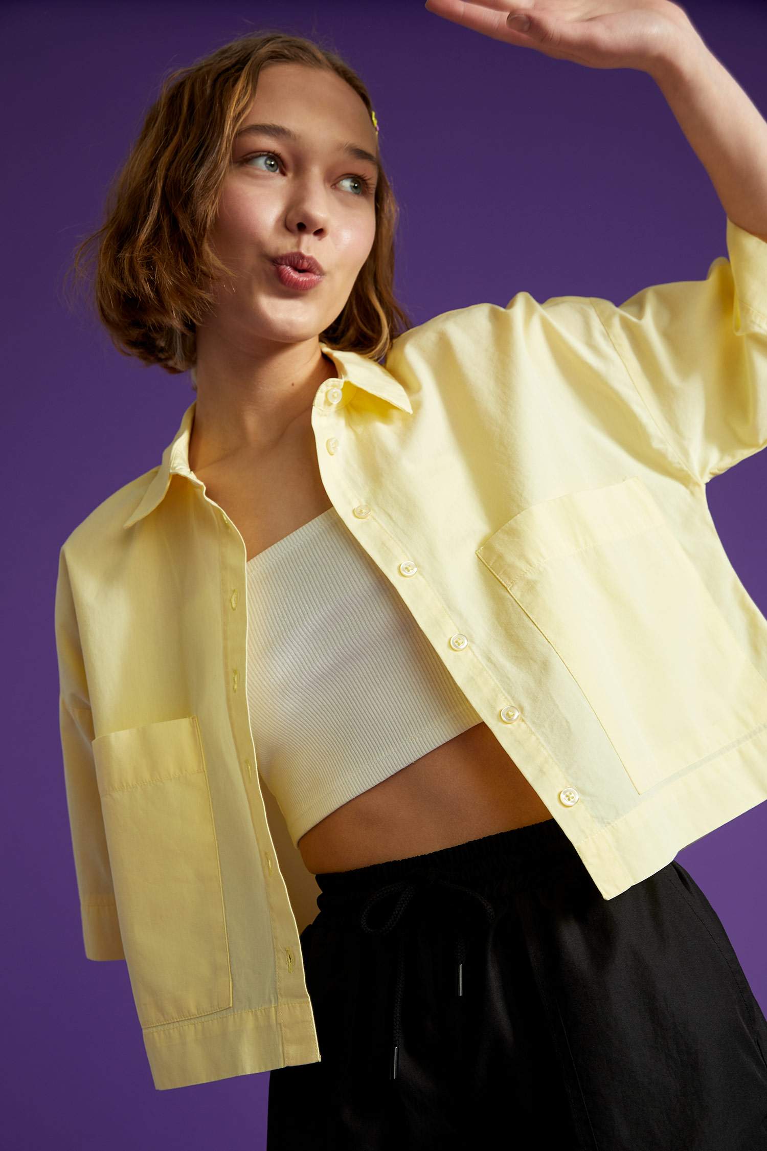 Basic Oversize Fit Yarım Kollu Crop Gömlek