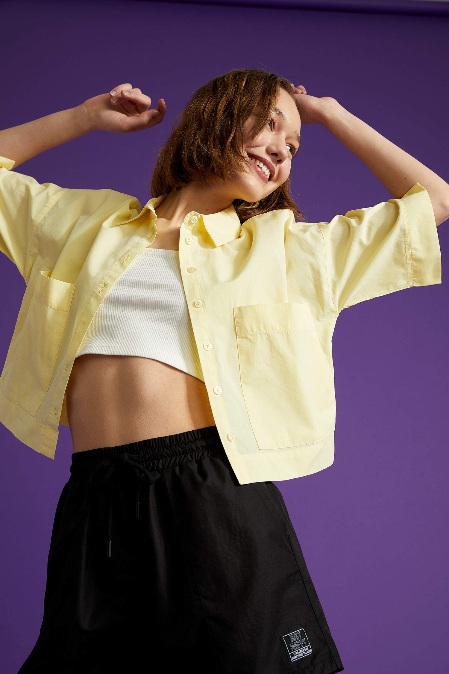 Basic Oversize Fit Yarım Kollu Crop Gömlek