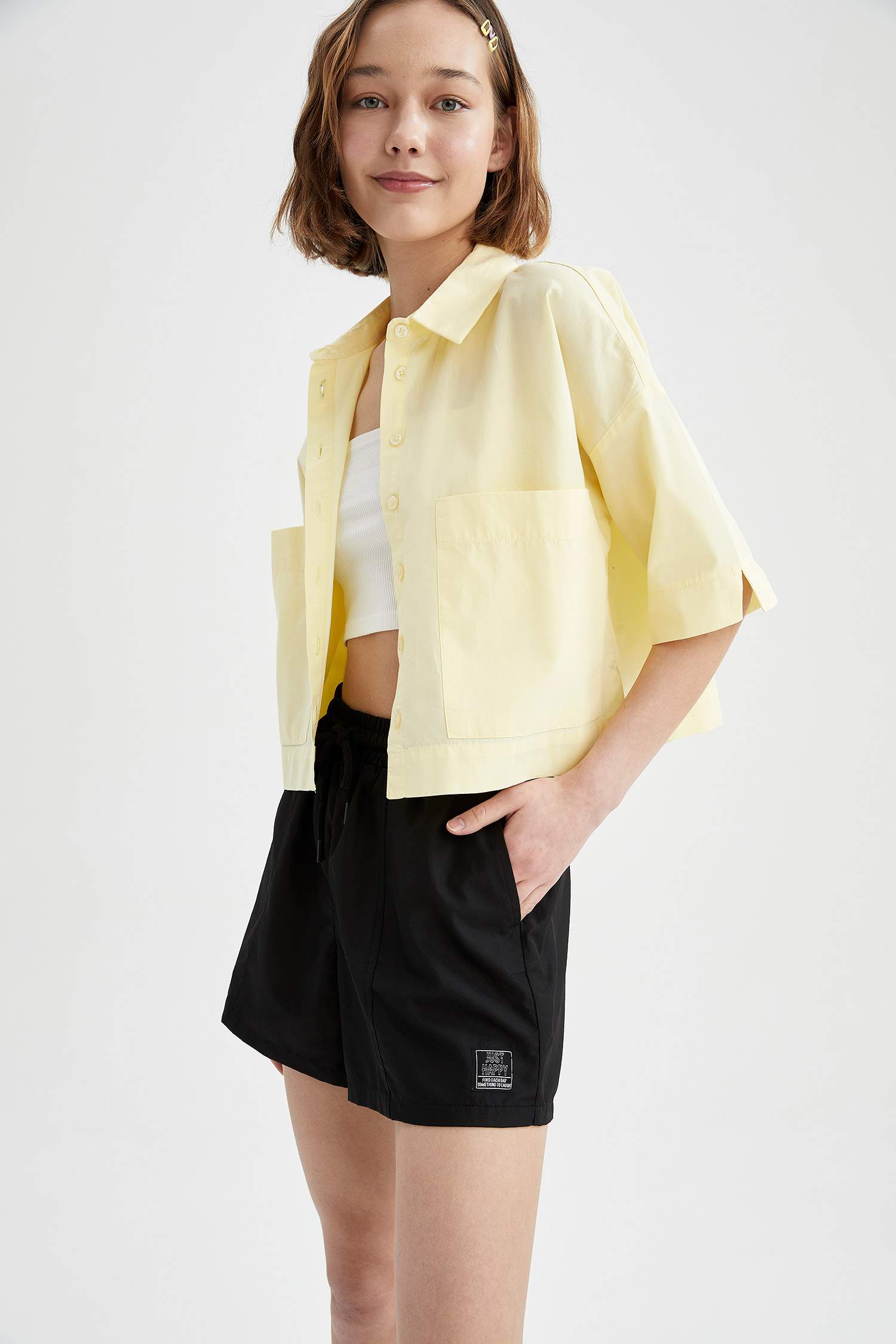 Basic Oversize Fit Yarım Kollu Crop Gömlek