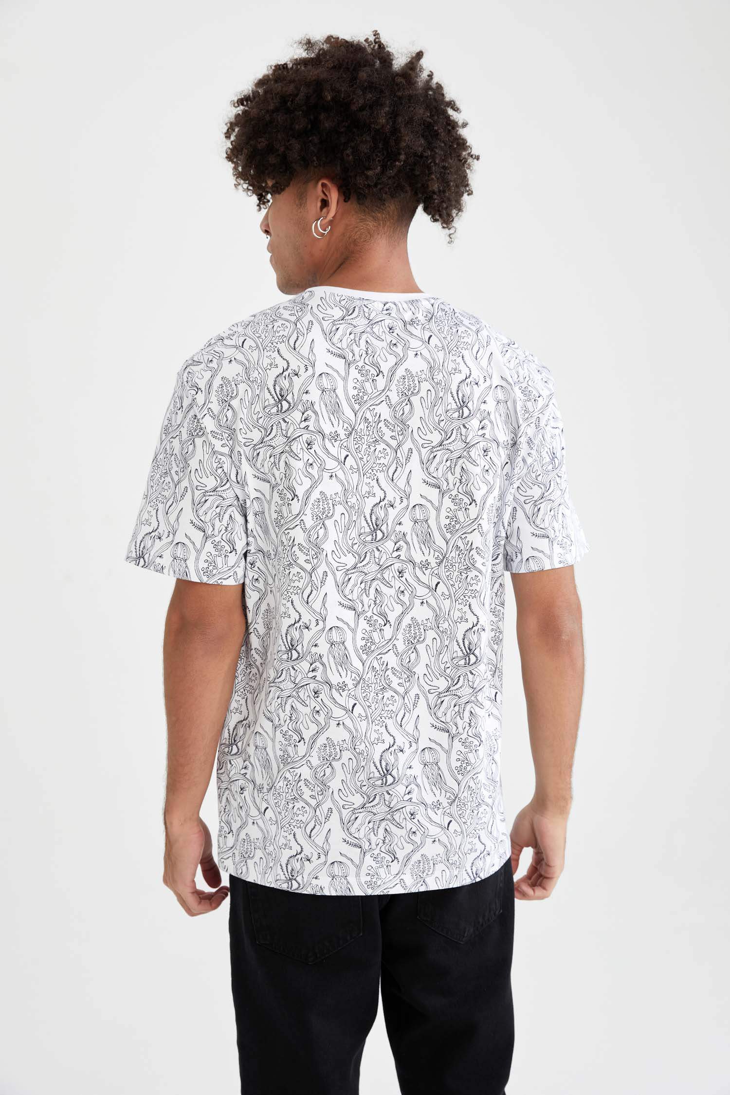 Oversize Fit Bisiklet Yaka Baskılı Tişört
